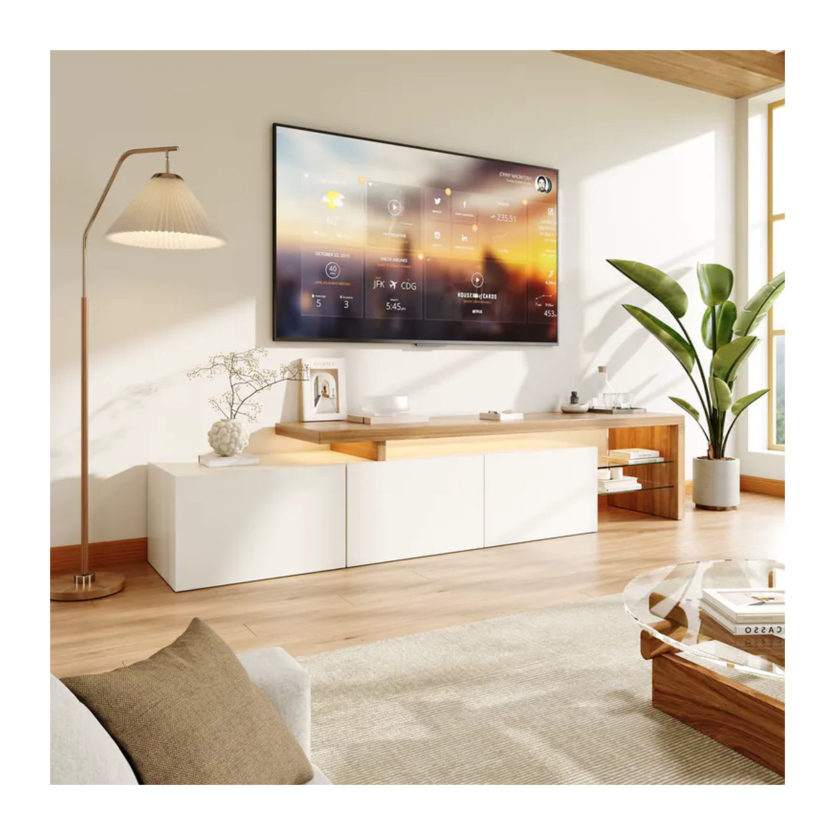 Anajqaqia Moderner TV-Ständer mit LED-Beleuchtung und Glasregalen in Weiß, B/T/H: 200 x 39 x 42 cm - Bild 1