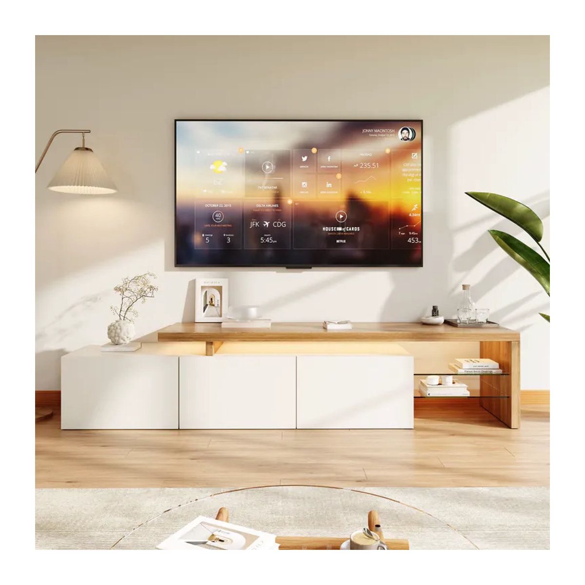 Anajqaqia Moderner TV-Ständer mit LED-Beleuchtung und Glasregalen in Weiß, B/T/H: 200 x 39 x 42 cm - Bild 2