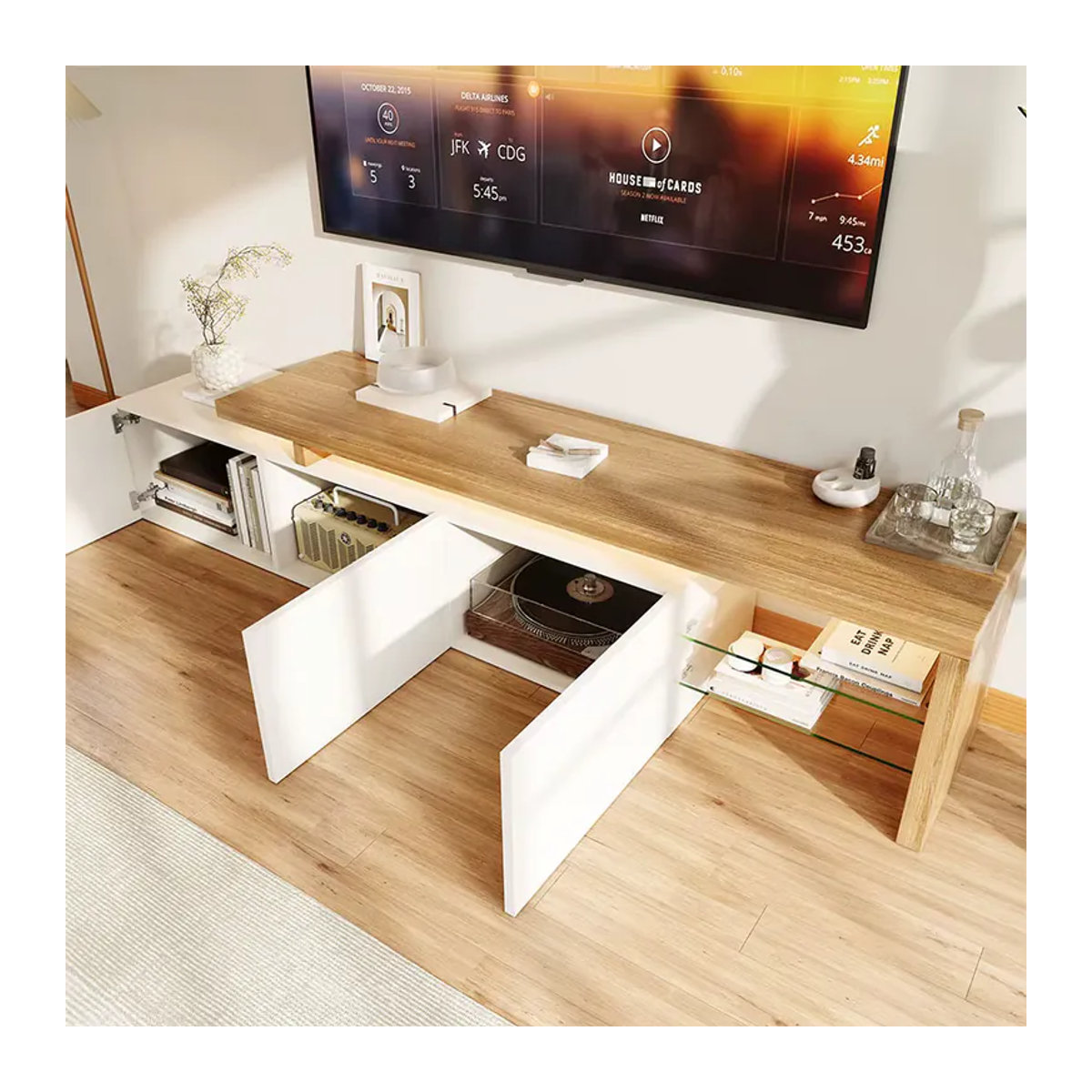 Anajqaqia Moderner TV-Ständer mit LED-Beleuchtung und Glasregalen in Weiß, B/T/H: 200 x 39 x 42 cm - Bild 3