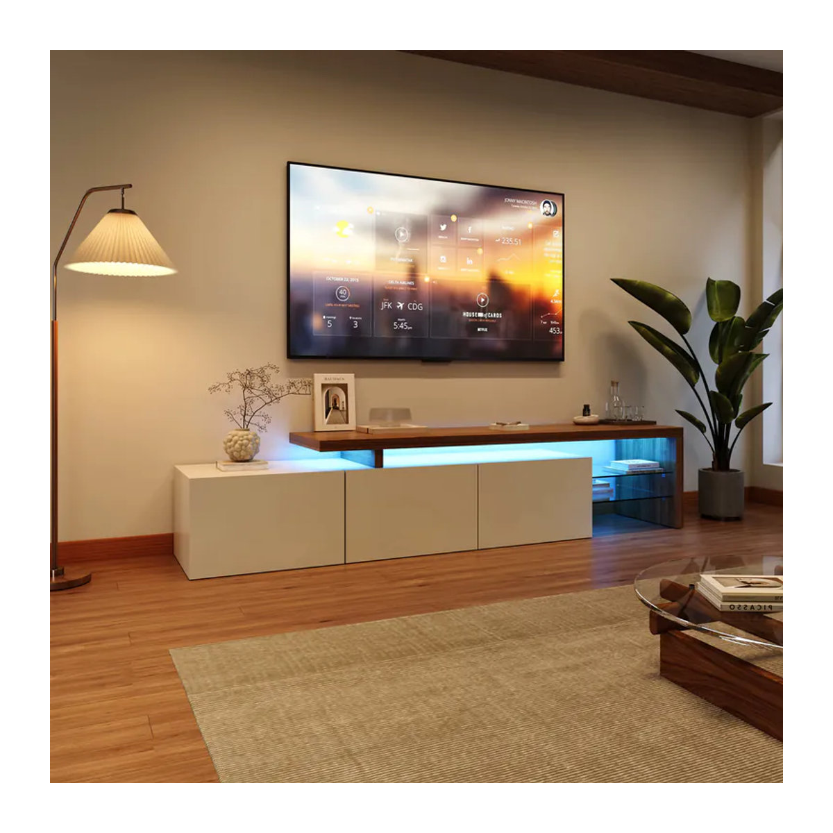 Anajqaqia Moderner TV-Ständer mit LED-Beleuchtung und Glasregalen in Weiß, B/T/H: 200 x 39 x 42 cm - Bild 4