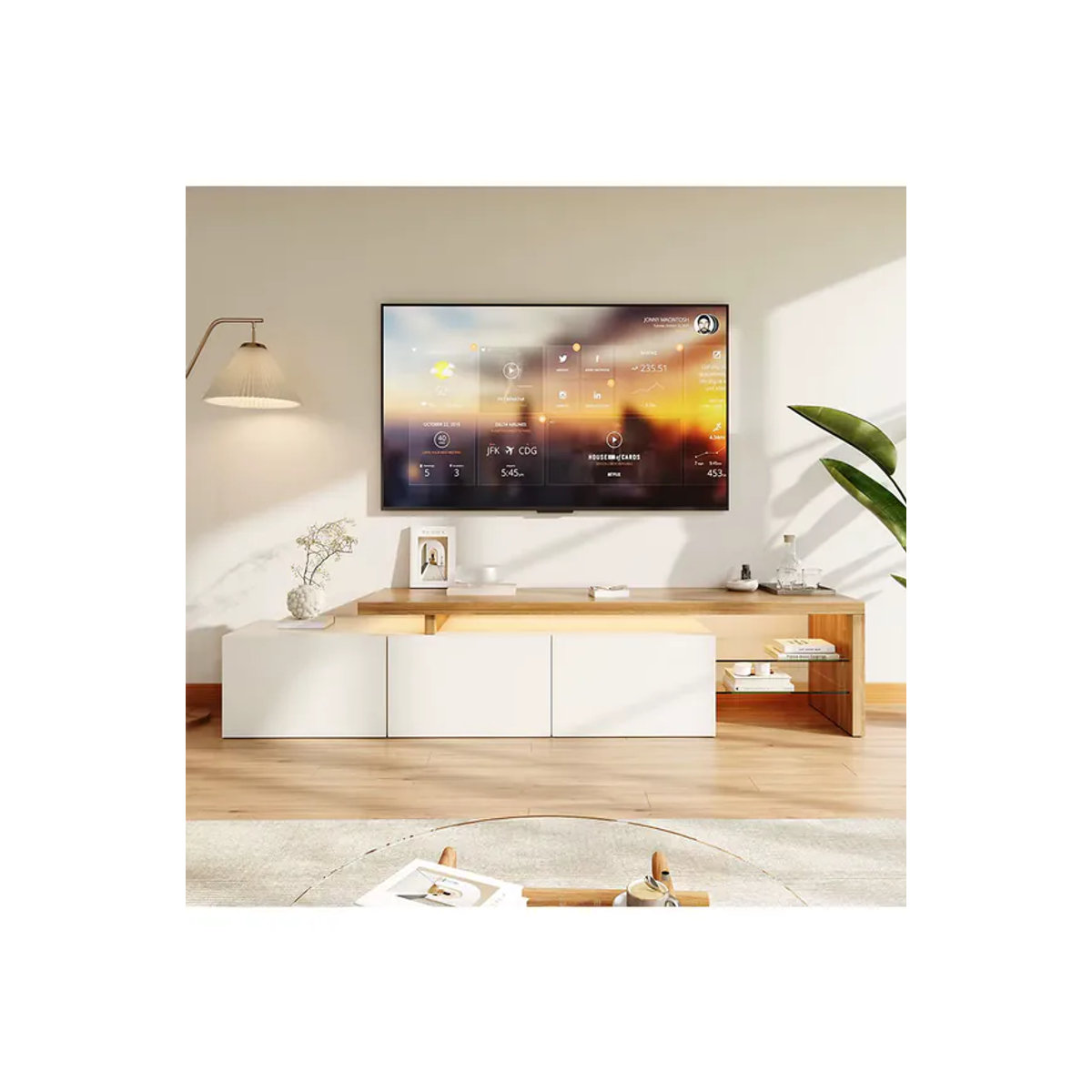 Anajqaqia Moderner TV-Ständer mit LED-Beleuchtung und Glasregalen in Weiß, B/T/H: 200 x 39 x 42 cm - Bild 6