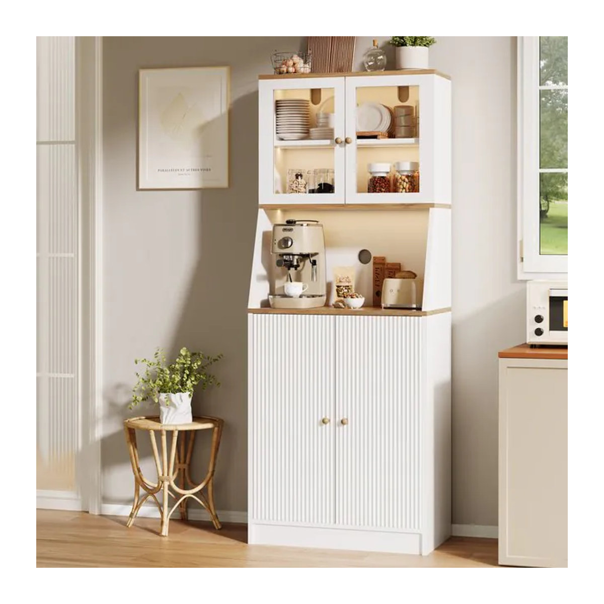 Anajqaqia Modernes Sideboard mit LED-Licht, Glastüren und Arbeitsplatte, Schwarz oder Weiß, B/T/H: 70 x 40 x 180 cm - Bild 1
