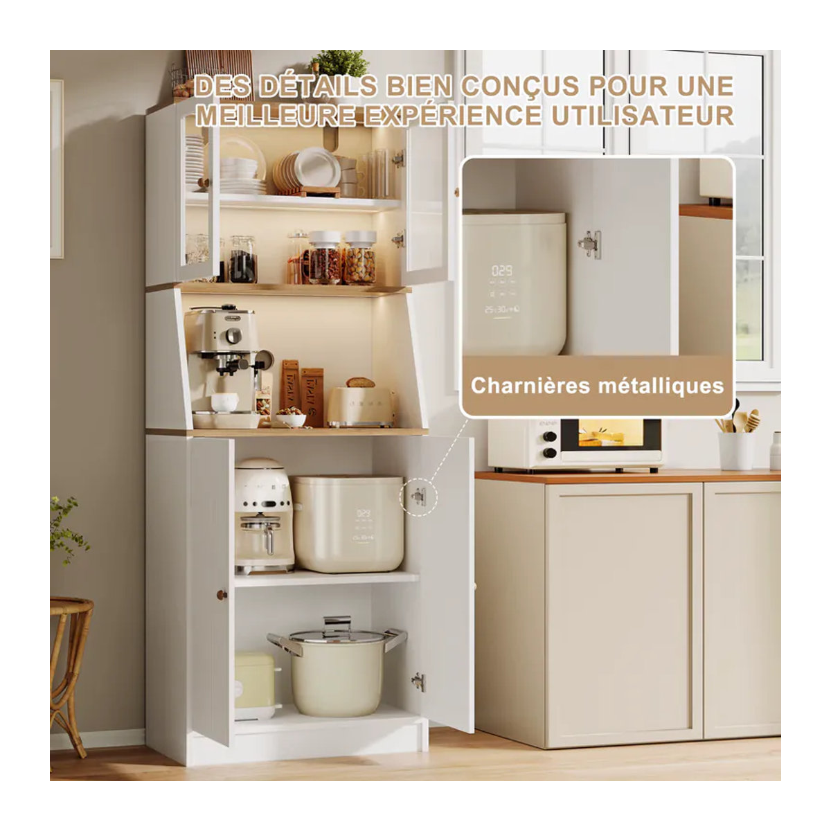 Anajqaqia Modernes Sideboard mit LED-Licht, Glastüren und Arbeitsplatte, Schwarz oder Weiß, B/T/H: 70 x 40 x 180 cm - Bild 2