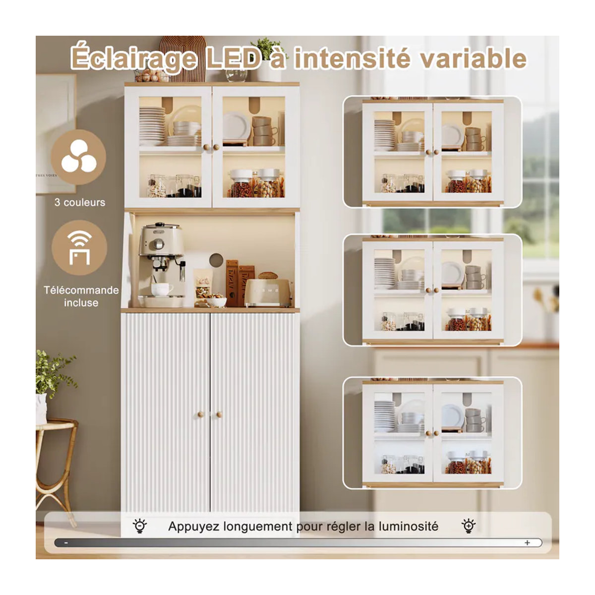 Anajqaqia Modernes Sideboard mit LED-Licht, Glastüren und Arbeitsplatte, Schwarz oder Weiß, B/T/H: 70 x 40 x 180 cm - Bild 4