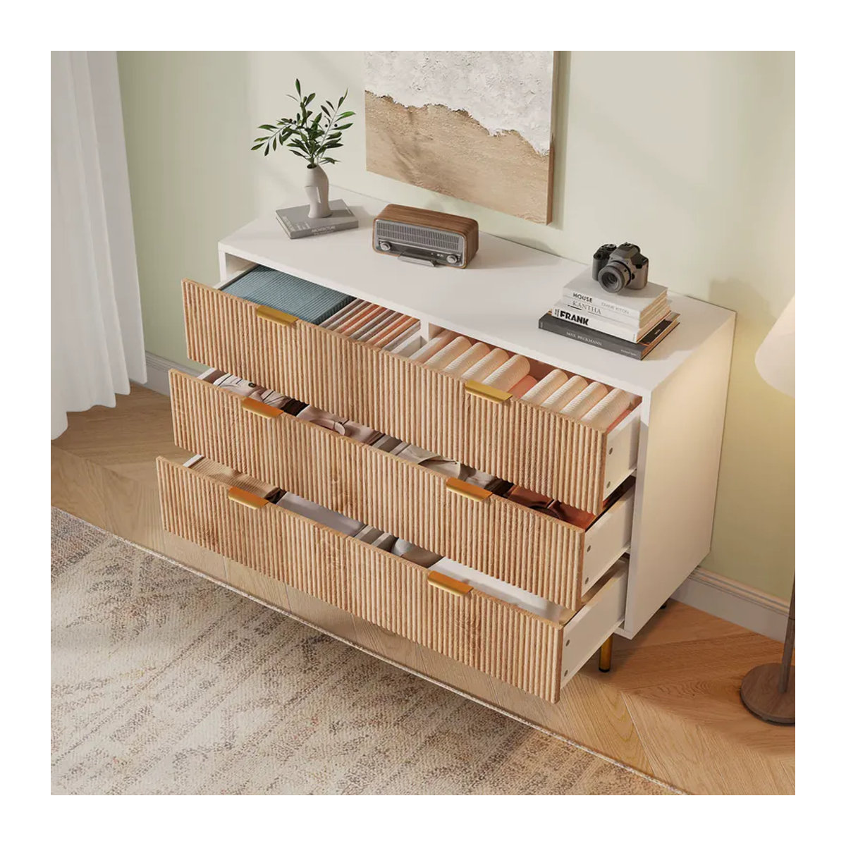 Anajqaqia Nachttisch in Weiß mit Schubladen und Metallfuß, moderner Holzschrank für Schlafzimmer und Wohnzimmer - Bild 2