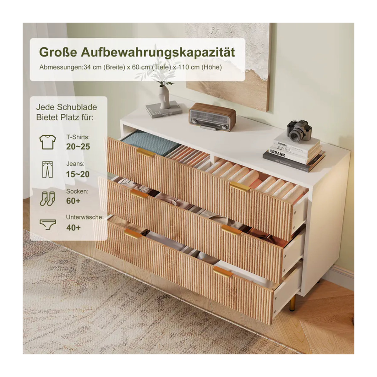 Anajqaqia Nachttisch in Weiß mit Schubladen und Metallfuß, moderner Holzschrank für Schlafzimmer und Wohnzimmer - Bild 3