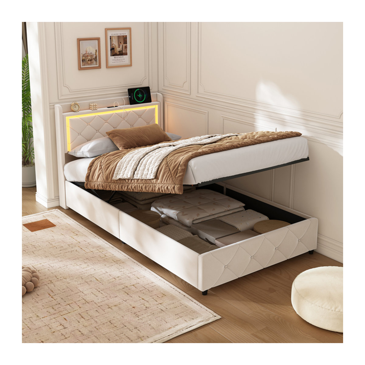 Anajqaqia Polsterbett aus Samt mit hydraulischem Stauraum, LED und USB-Anschluss, Beige, B: 90 cm, L: 200 cm - Bild 1