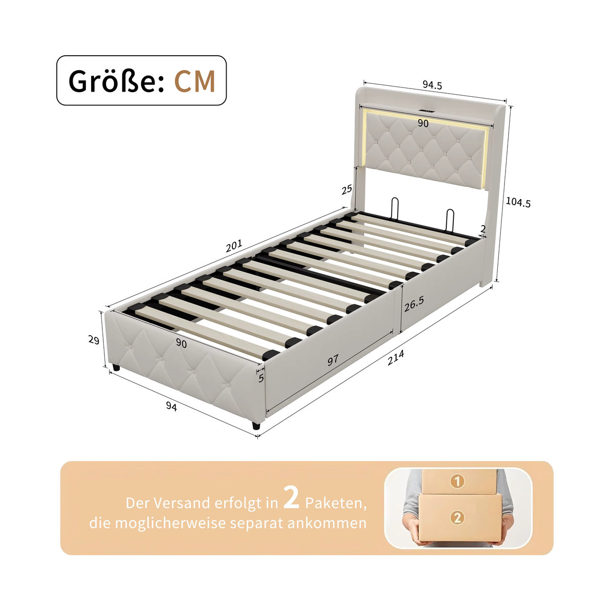 Anajqaqia Polsterbett aus Samt mit hydraulischem Stauraum, LED und USB-Anschluss, Beige, B: 90 cm, L: 200 cm - Bild 2