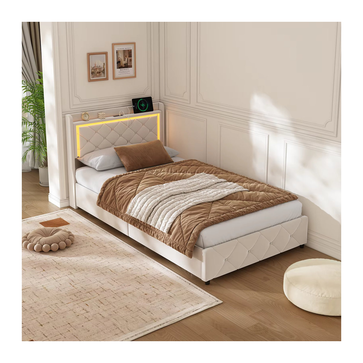 Anajqaqia Polsterbett aus Samt mit hydraulischem Stauraum, LED und USB-Anschluss, Beige, B: 90 cm, L: 200 cm - Bild 3
