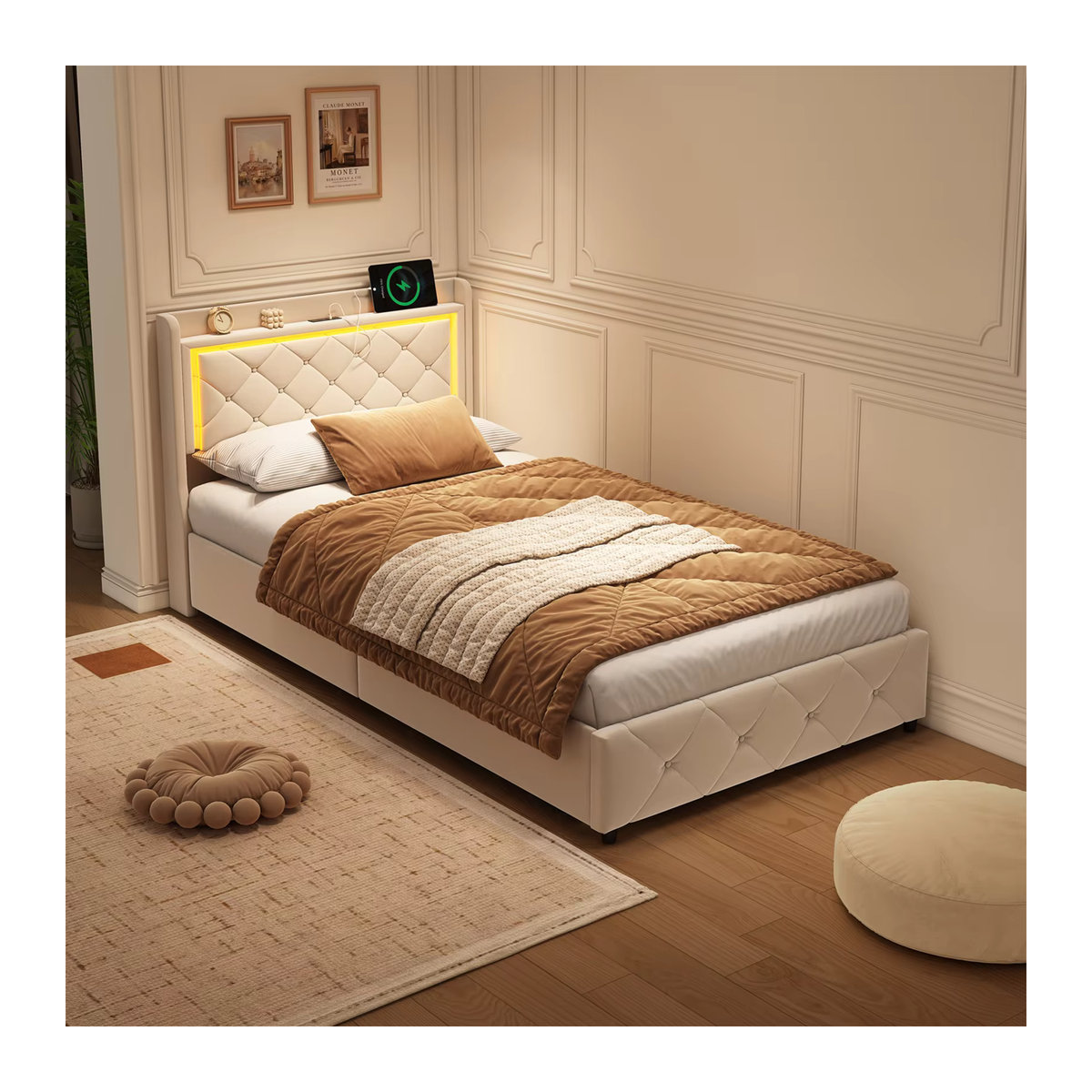 Anajqaqia Polsterbett aus Samt mit hydraulischem Stauraum, LED und USB-Anschluss, Beige, B: 90 cm, L: 200 cm - Bild 4