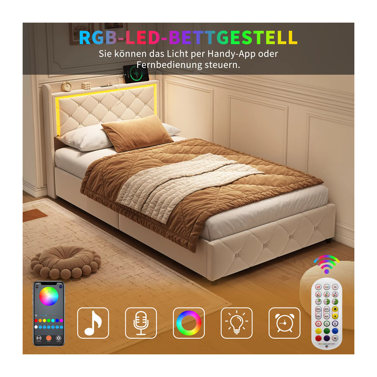Anajqaqia Polsterbett aus Samt mit hydraulischem Stauraum, LED und USB-Anschluss, Beige, B: 90 cm, L: 200 cm - Bild 5