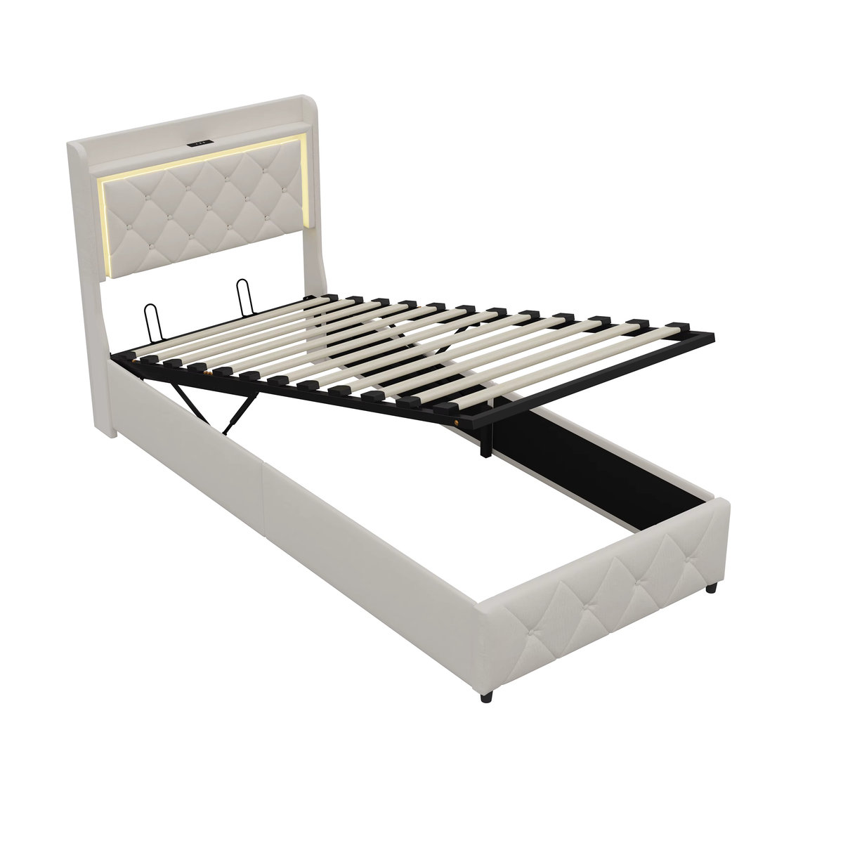 Anajqaqia Polsterbett aus Samt mit hydraulischem Stauraum, LED und USB-Anschluss, Beige, B: 90 cm, L: 200 cm - Bild 6