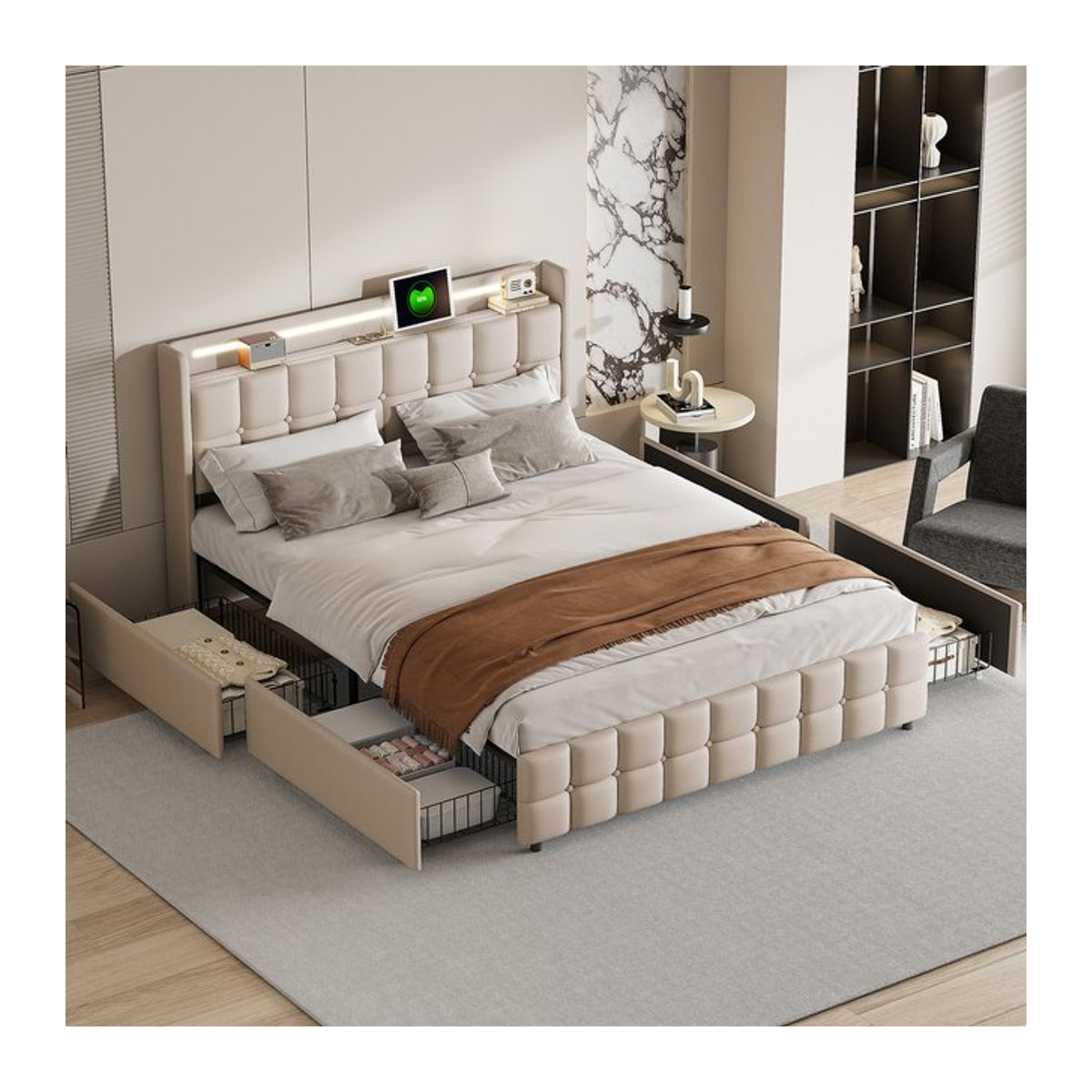 Anajqaqia Polsterbett mit 4 Schubladen, USB und LED-Beleuchtung, Leinen, Beige, B/T: 180 x 200 cm - Bild 1