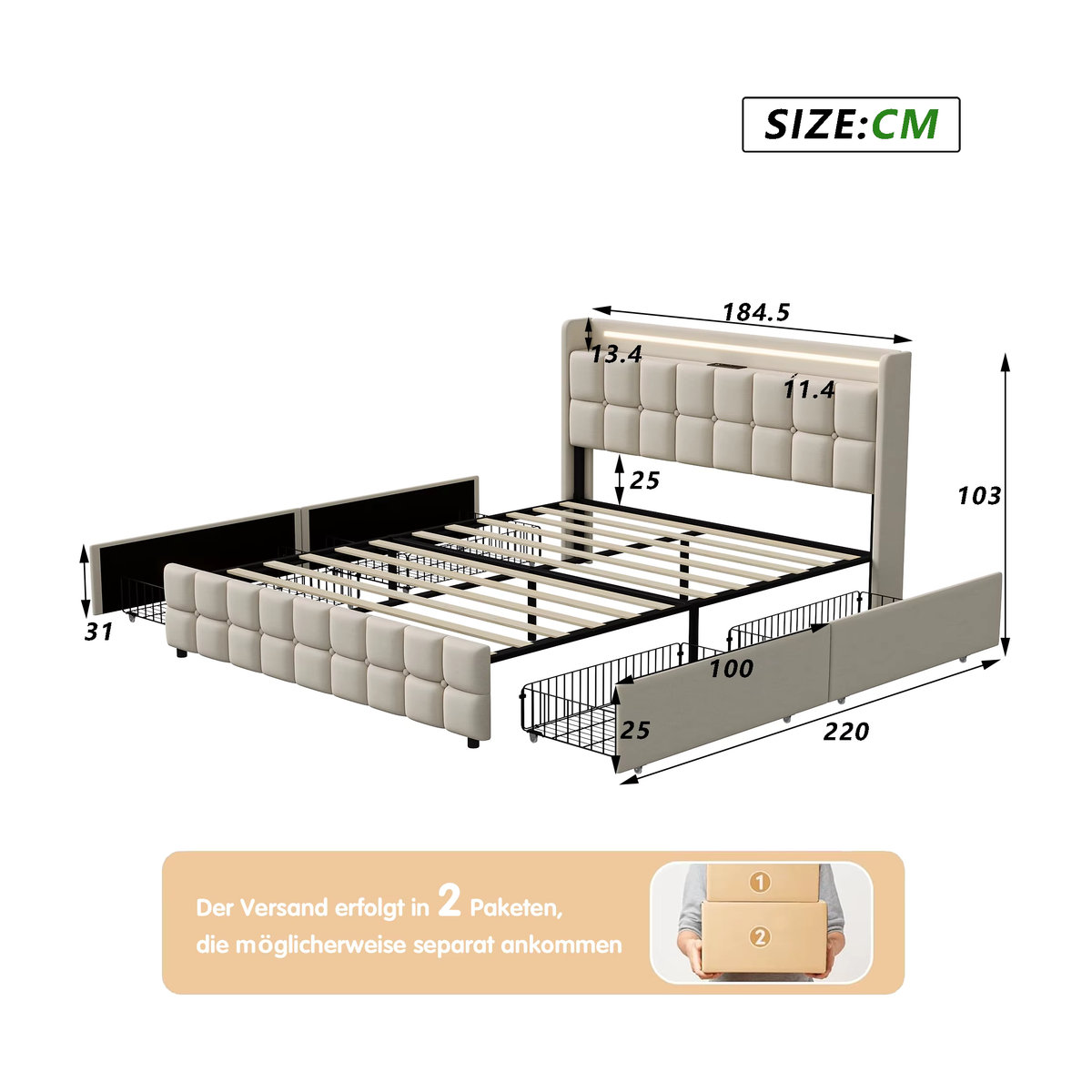 Anajqaqia Polsterbett mit 4 Schubladen, USB und LED-Beleuchtung, Leinen, Beige, B/T: 180 x 200 cm - Bild 2
