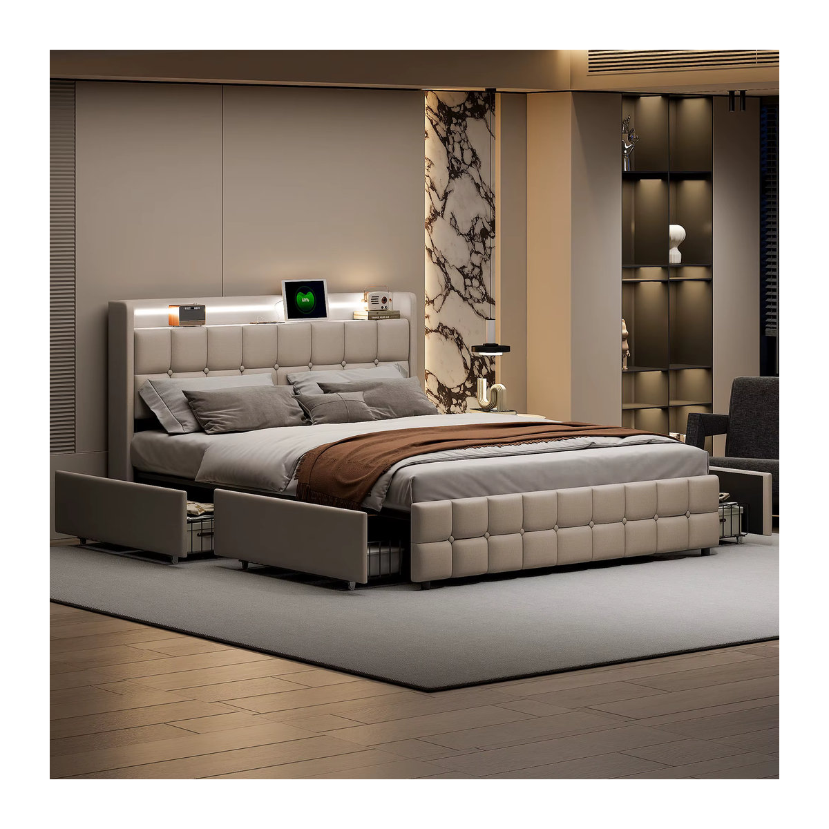 Anajqaqia Polsterbett mit 4 Schubladen, USB und LED-Beleuchtung, Leinen, Beige, B/T: 180 x 200 cm - Bild 4
