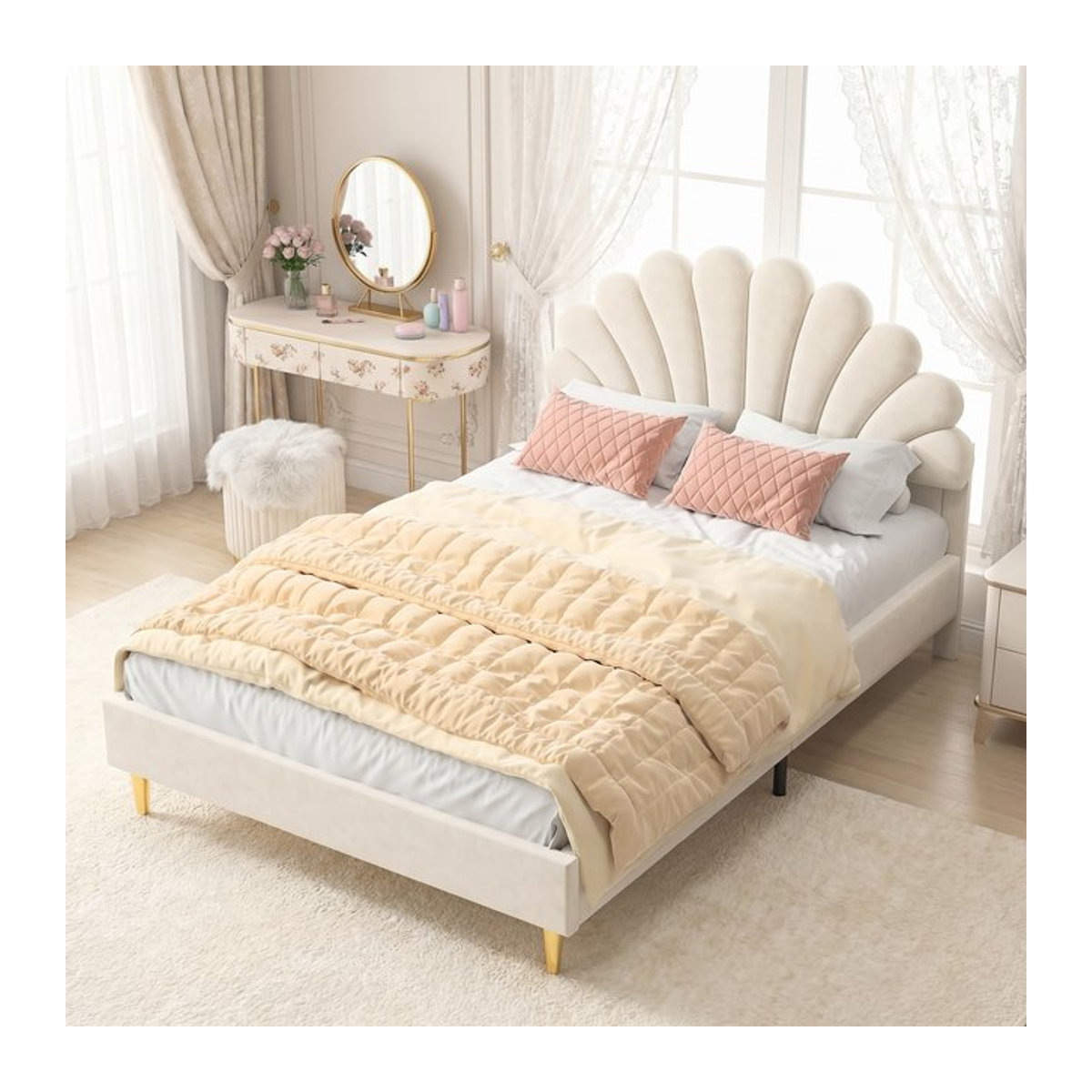 Anajqaqia Polsterbett mit floralem Kopfteil aus Samtstoff in Beige, B/T/H: 140 x 200 cm - Bild 1