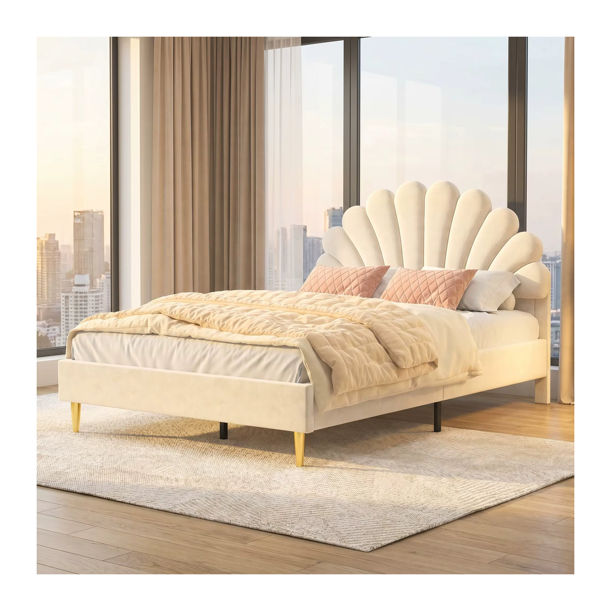 Anajqaqia Polsterbett mit floralem Kopfteil aus Samtstoff in Beige, B/T/H: 140 x 200 cm - Bild 2
