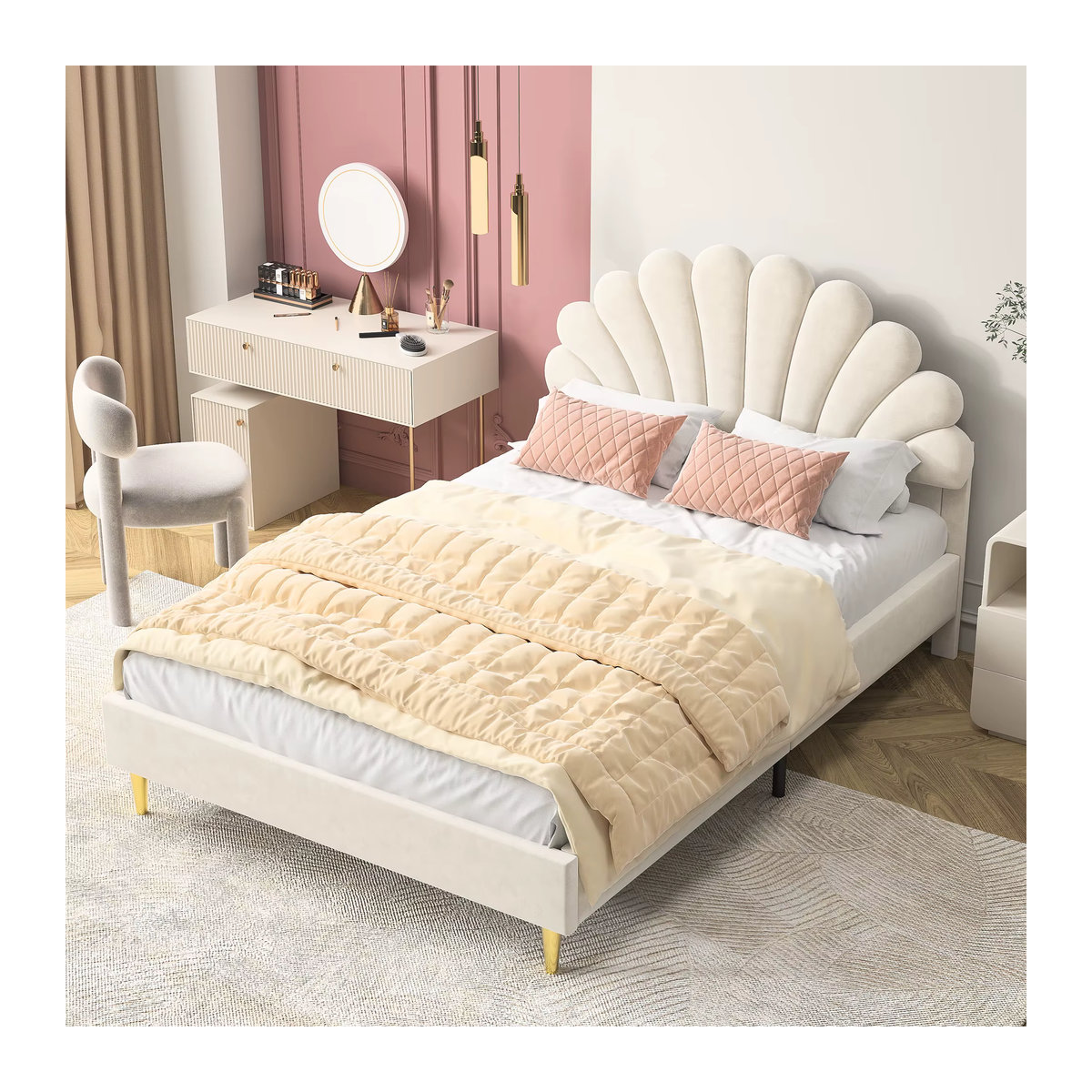 Anajqaqia Polsterbett mit floralem Kopfteil aus Samtstoff in Beige, B/T/H: 140 x 200 cm - Bild 3