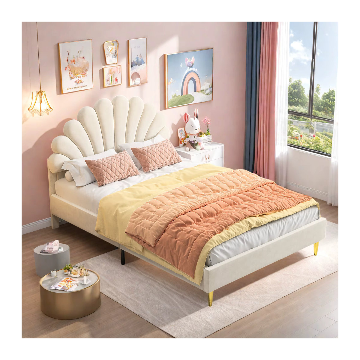 Anajqaqia Polsterbett mit floralem Kopfteil aus Samtstoff in Beige, B/T/H: 140 x 200 cm - Bild 4