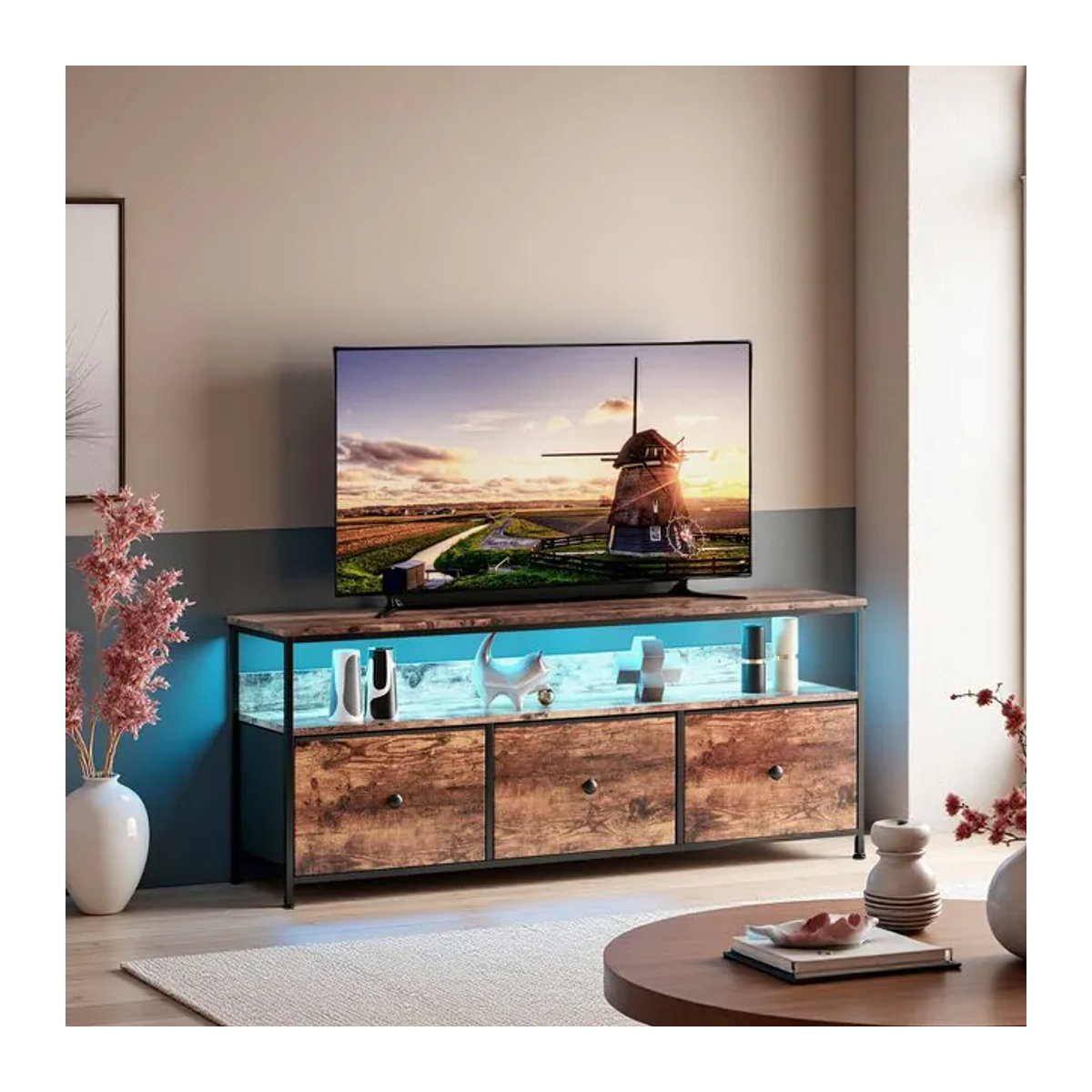 Anajqaqia Retro-LED-TV-Schrank in Braun mit 3 abnehmbaren Stoffschubladen, B/T/H: 108 x 30 x 57 cm - Bild 1