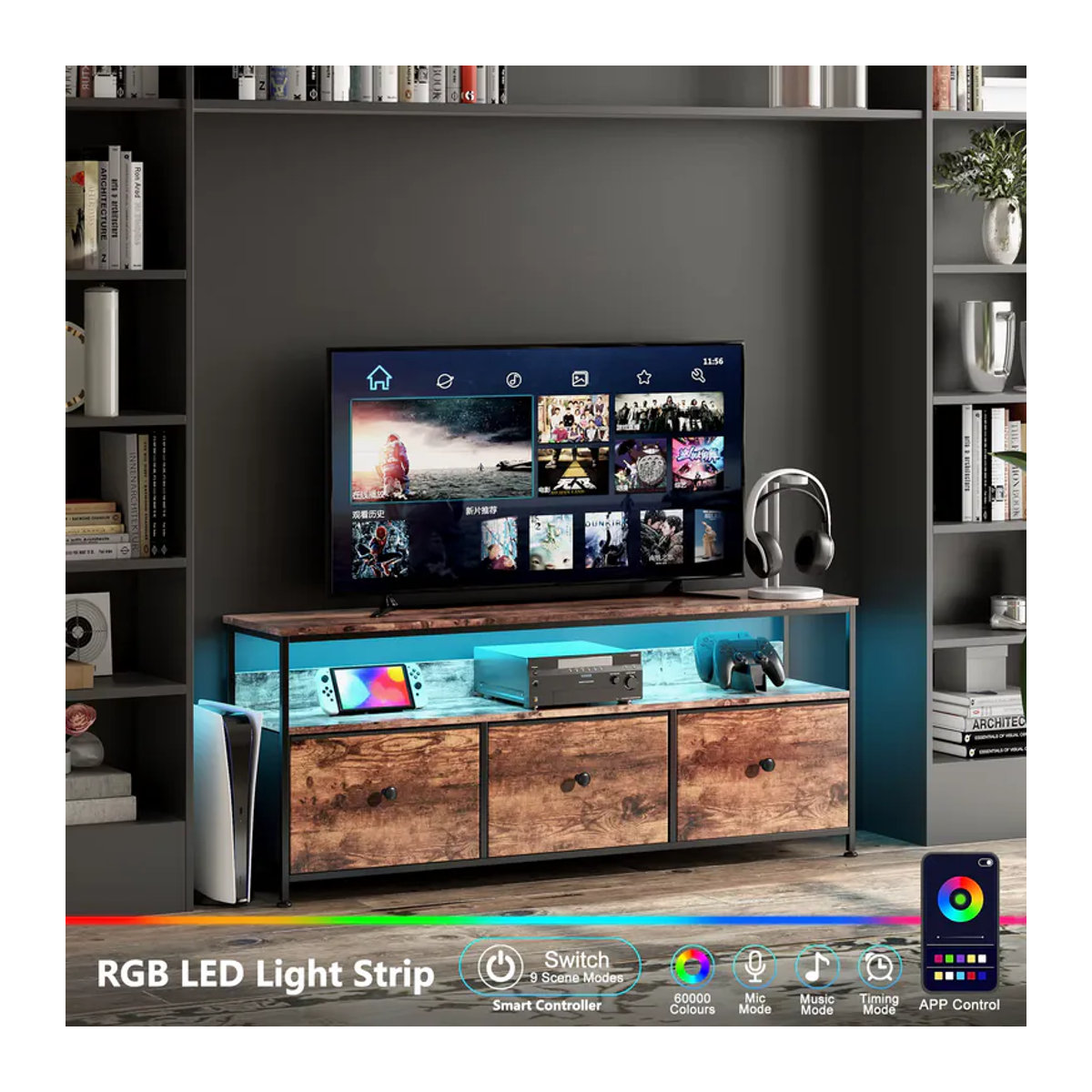 Anajqaqia Retro-LED-TV-Schrank in Braun mit 3 abnehmbaren Stoffschubladen, B/T/H: 108 x 30 x 57 cm - Bild 3