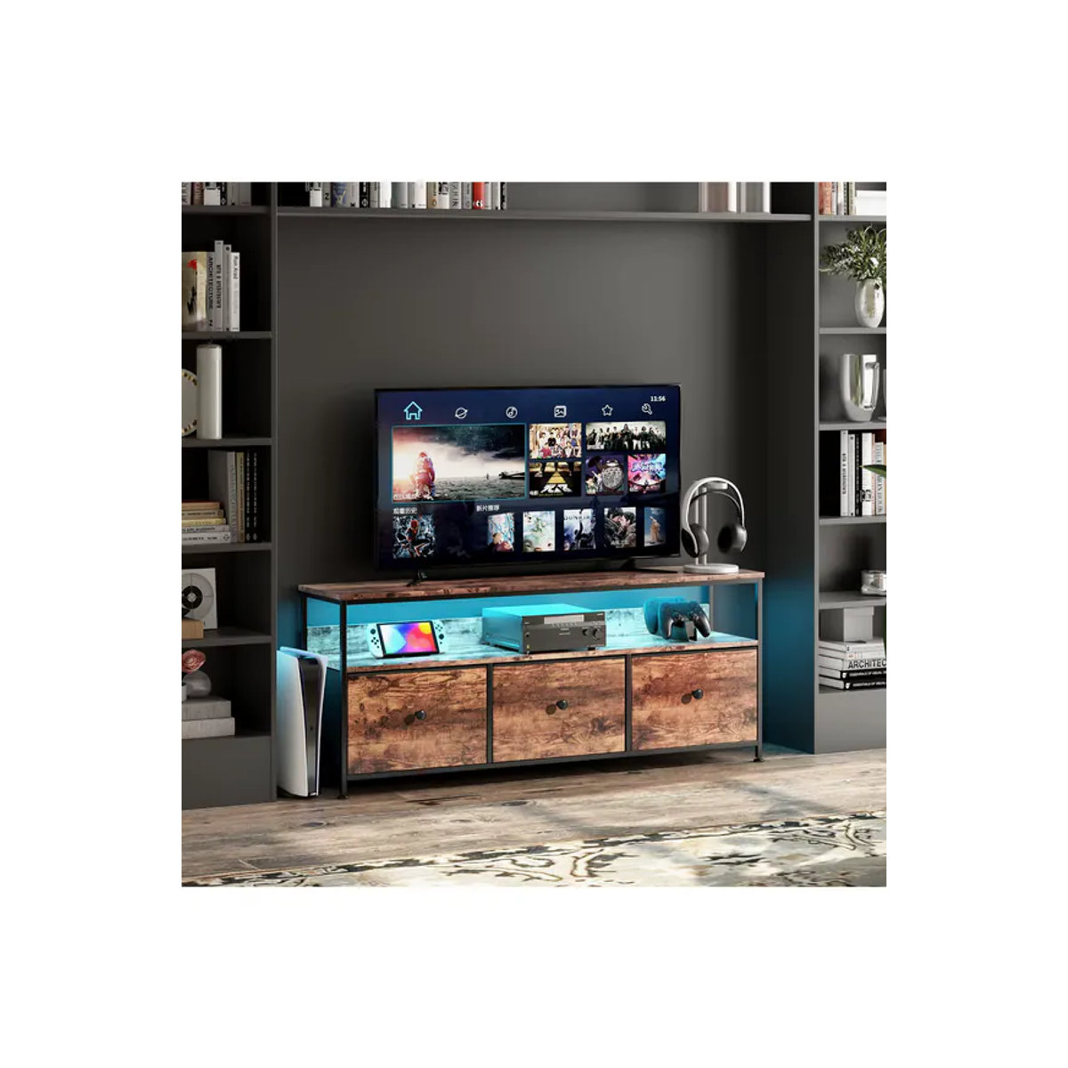 Anajqaqia Retro-LED-TV-Schrank in Braun mit 3 abnehmbaren Stoffschubladen, B/T/H: 108 x 30 x 57 cm - Bild 4
