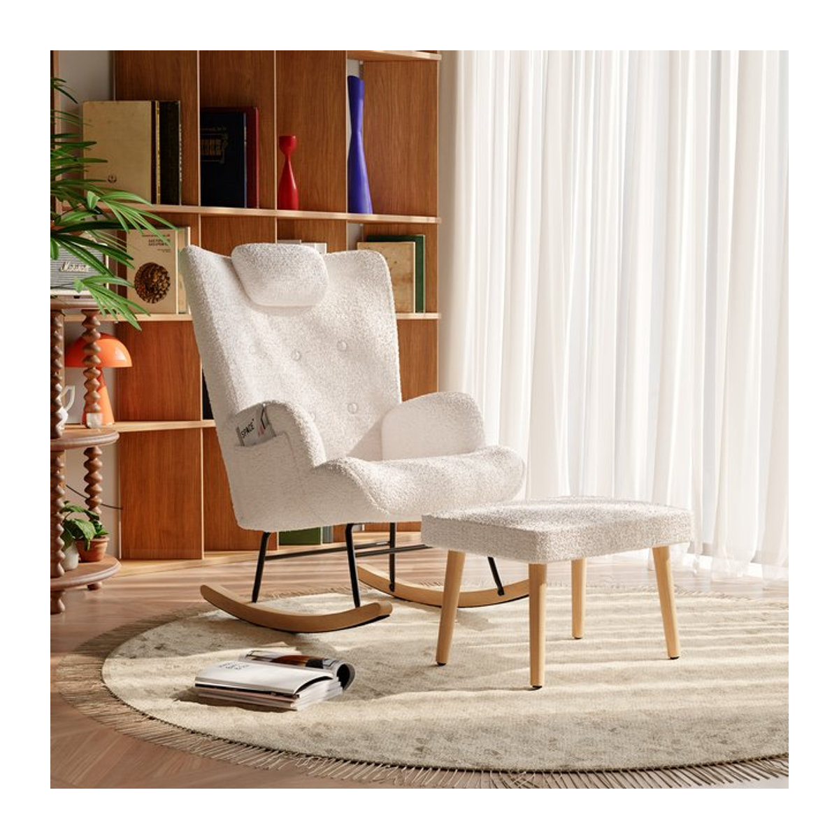 Anajqaqia Schaukelstuhl mit Hocker aus Teddy-Plüsch in Weiß für Wohnzimmer und Schlafzimmer - Bild 1