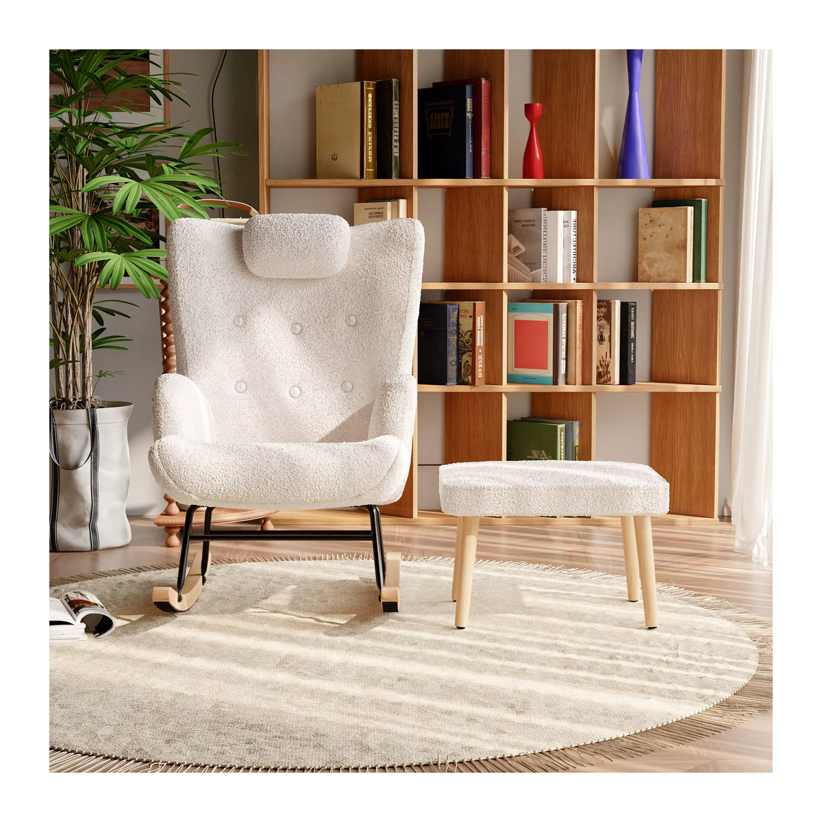 Anajqaqia Schaukelstuhl mit Hocker aus Teddy-Plüsch in Weiß für Wohnzimmer und Schlafzimmer - Bild 2