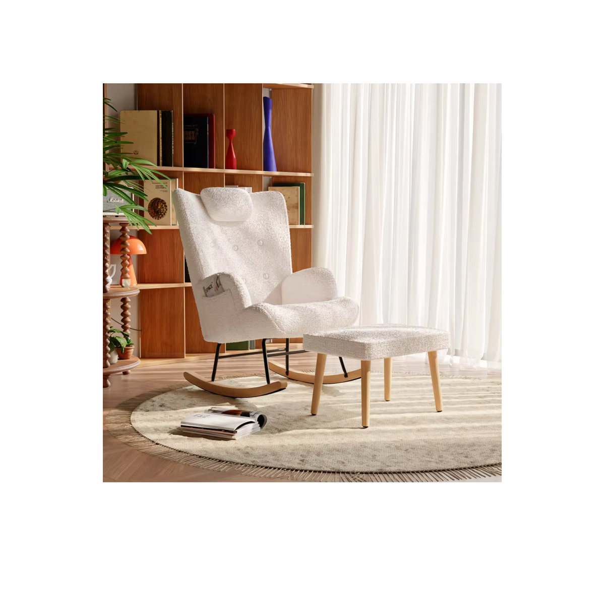 Anajqaqia Schaukelstuhl mit Hocker aus Teddy-Plüsch in Weiß für Wohnzimmer und Schlafzimmer - Bild 4