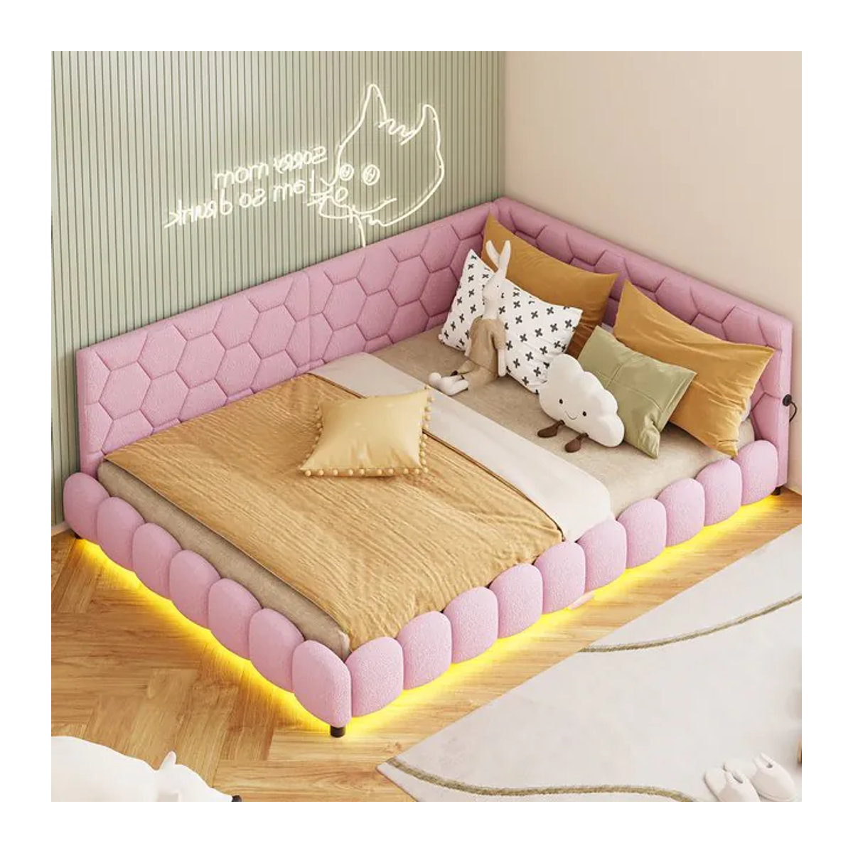 Anajqaqia Schlafsofa als Kinderbett in Rosa mit LED-Beleuchtung, 2 USB-Ladeanschlüssen und Sherpa-Fleece, B/T/H: 140 x 200 cm - Bild 1