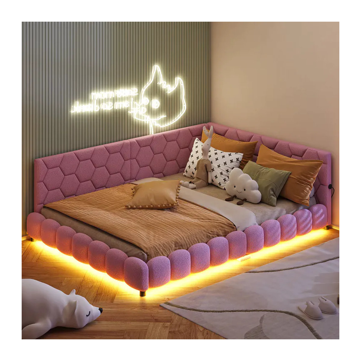 Anajqaqia Schlafsofa als Kinderbett in Rosa mit LED-Beleuchtung, 2 USB-Ladeanschlüssen und Sherpa-Fleece, B/T/H: 140 x 200 cm - Bild 2