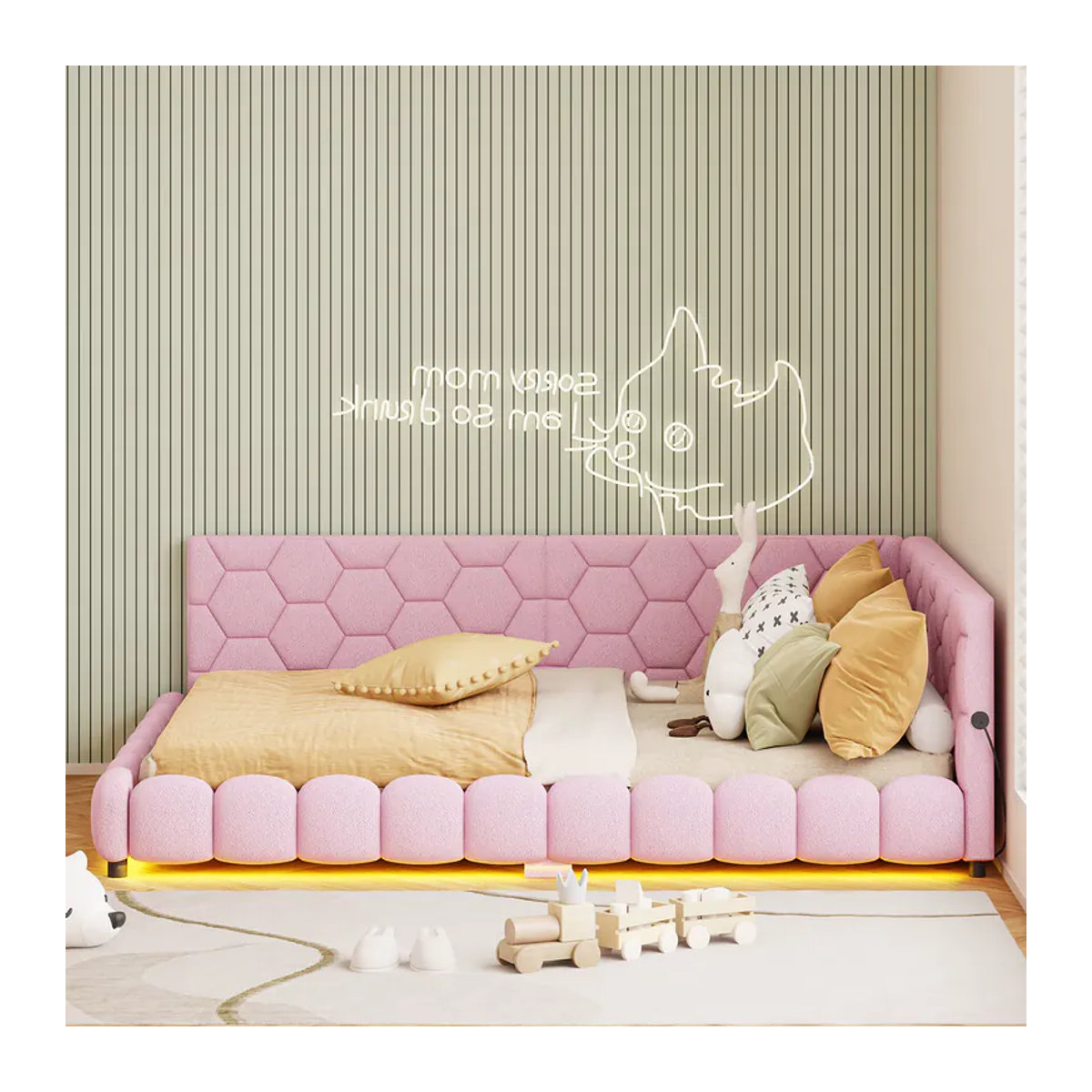 Anajqaqia Schlafsofa als Kinderbett in Rosa mit LED-Beleuchtung, 2 USB-Ladeanschlüssen und Sherpa-Fleece, B/T/H: 140 x 200 cm - Bild 3