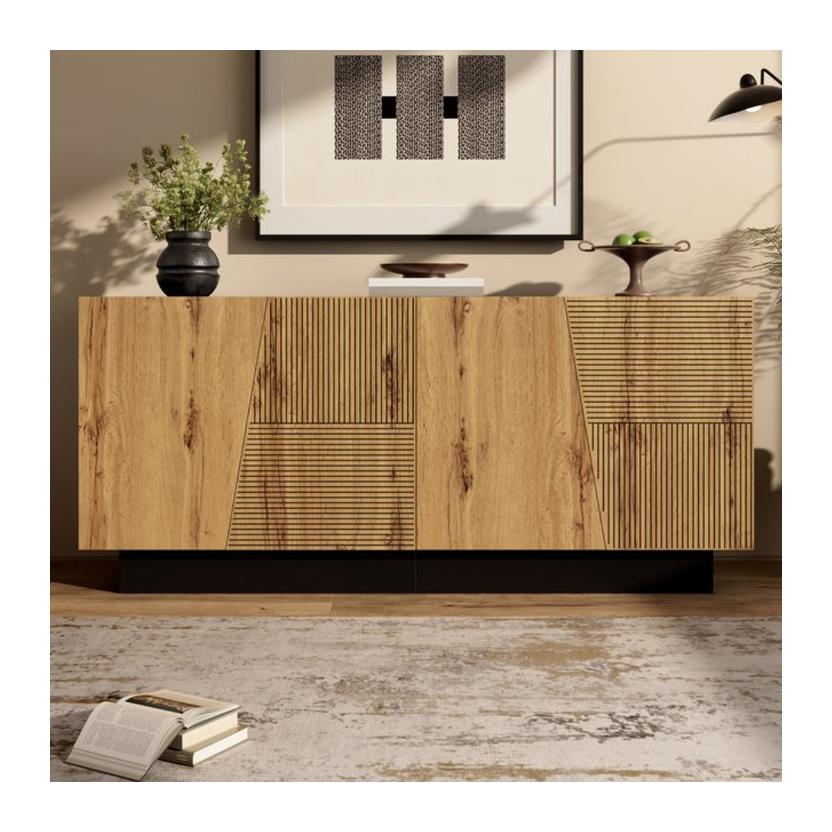 Anajqaqia Sideboard Aufbewahrungsschrank mit geometrischem Design und verstellbarem Regal in Eiche Natur und Schwarz, Breite: 160 cm - Bild 1