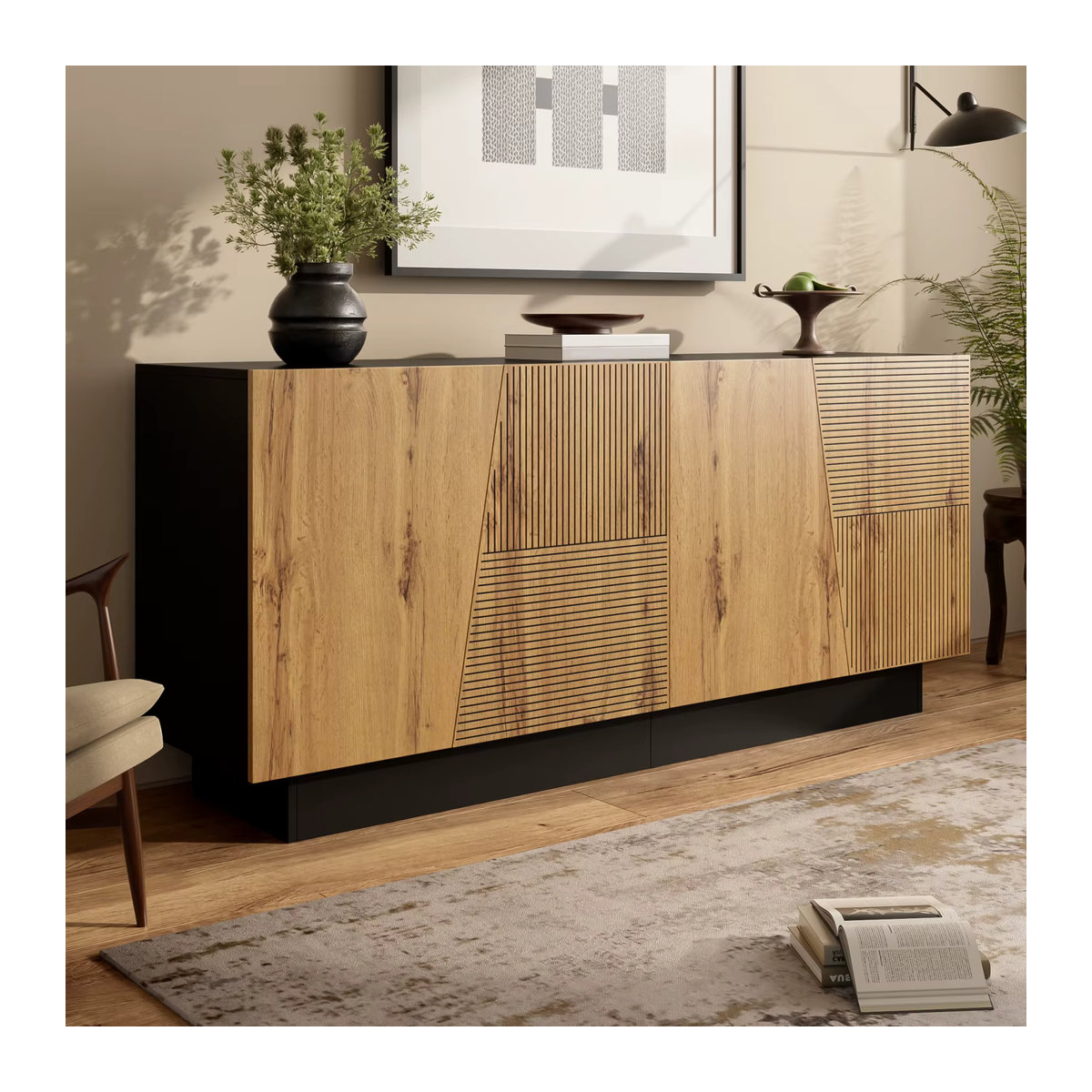 Anajqaqia Sideboard Aufbewahrungsschrank mit geometrischem Design und verstellbarem Regal in Eiche Natur und Schwarz, Breite: 160 cm - Bild 2