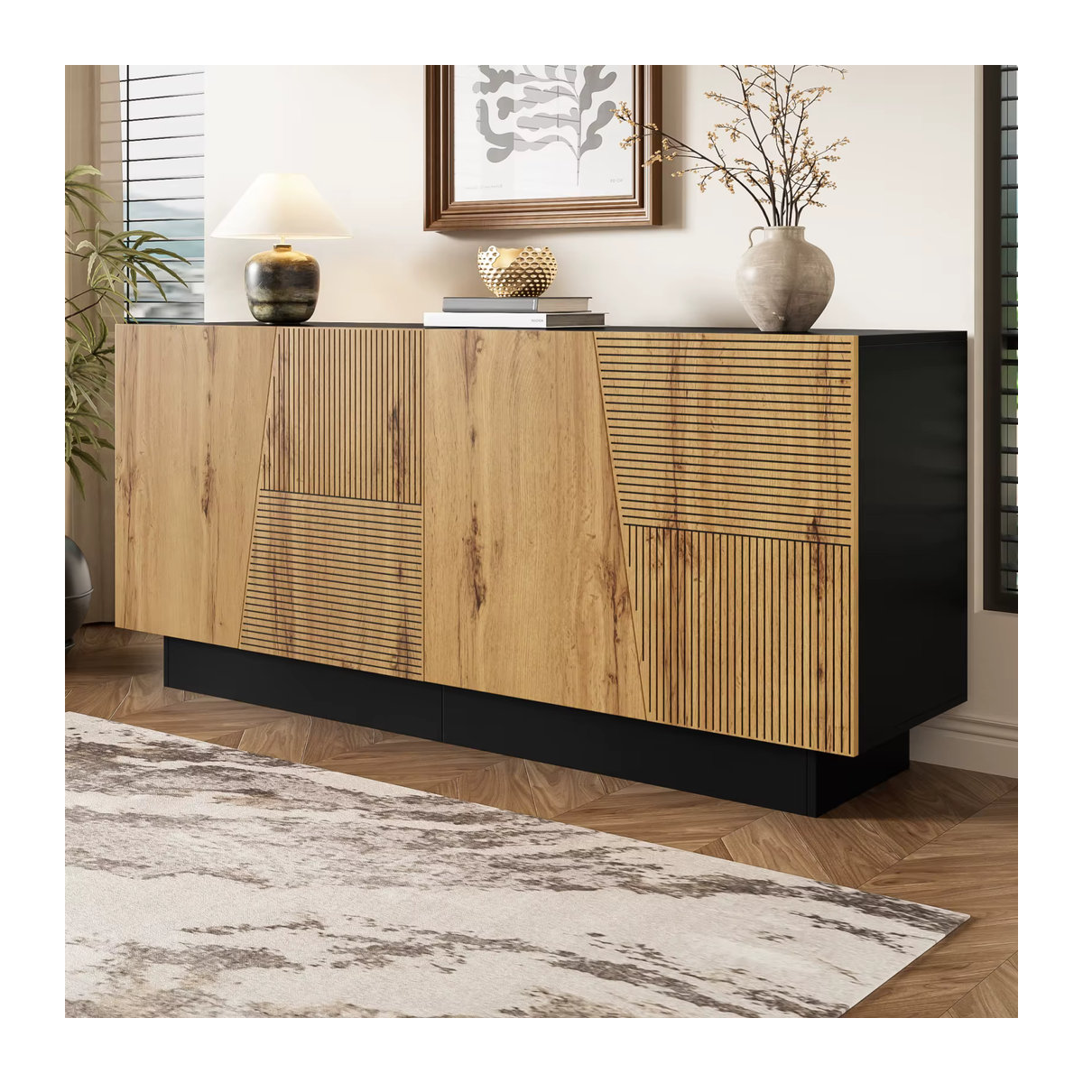 Anajqaqia Sideboard Aufbewahrungsschrank mit geometrischem Design und verstellbarem Regal in Eiche Natur und Schwarz, Breite: 160 cm - Bild 3