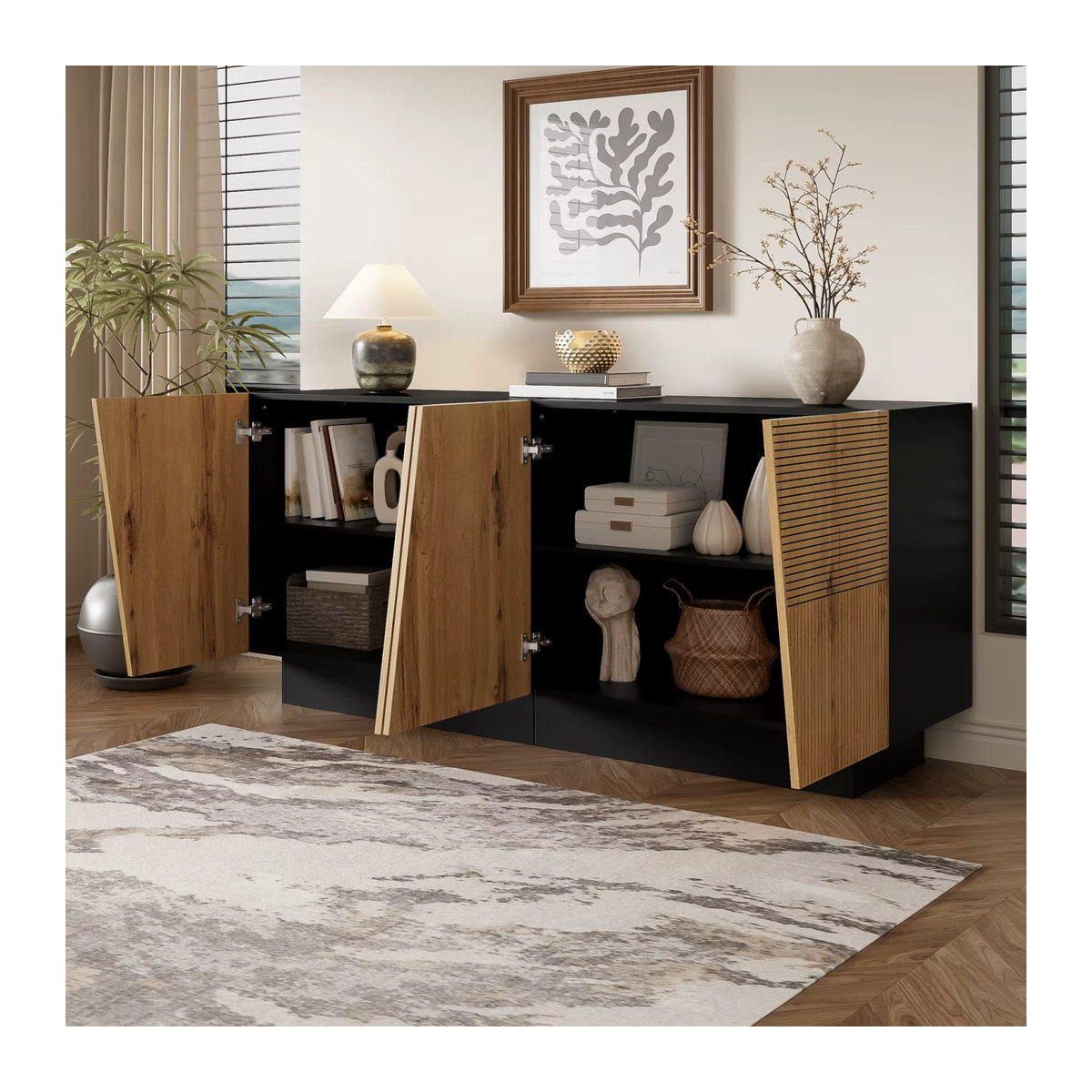 Anajqaqia Sideboard Aufbewahrungsschrank mit geometrischem Design und verstellbarem Regal in Eiche Natur und Schwarz, Breite: 160 cm - Bild 4