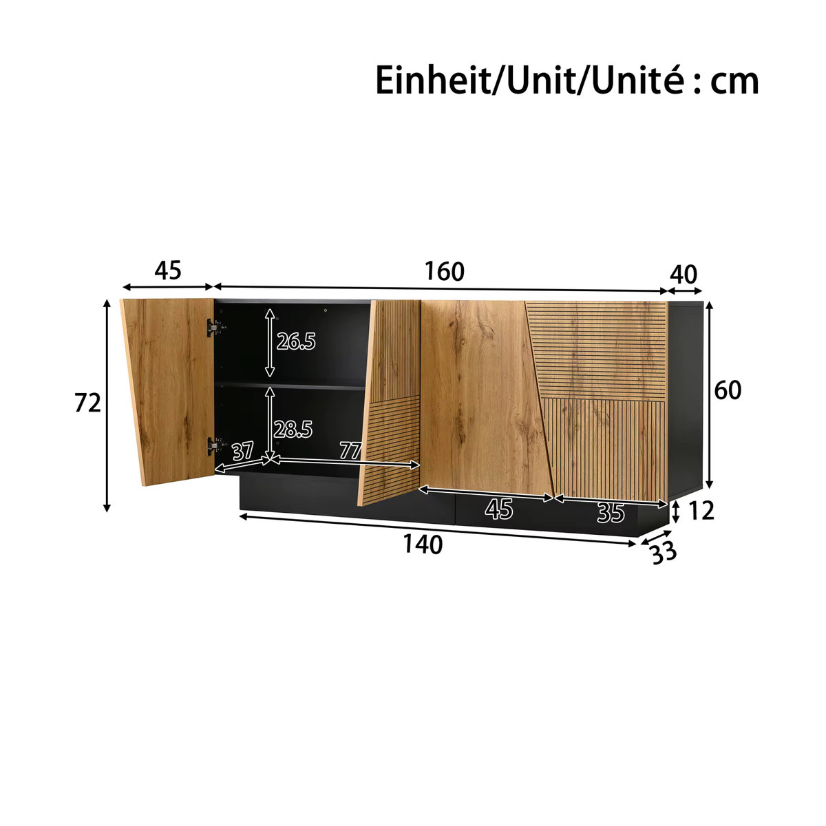 Anajqaqia Sideboard Aufbewahrungsschrank mit geometrischem Design und verstellbarem Regal in Eiche Natur und Schwarz, Breite: 160 cm - Bild 5