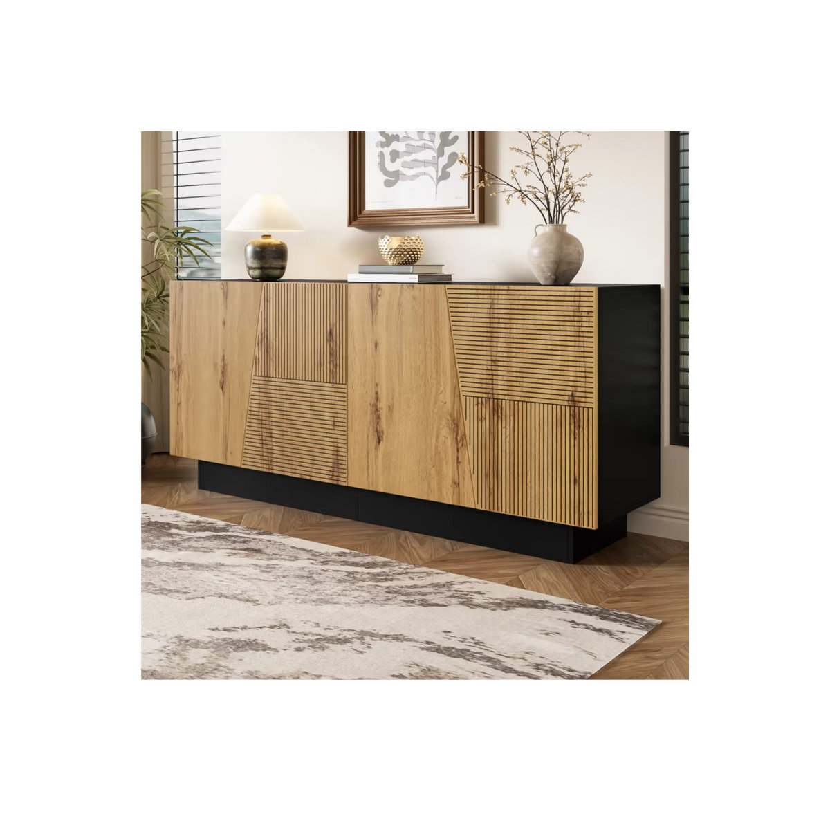 Anajqaqia Sideboard Aufbewahrungsschrank mit geometrischem Design und verstellbarem Regal in Eiche Natur und Schwarz, Breite: 160 cm - Bild 7