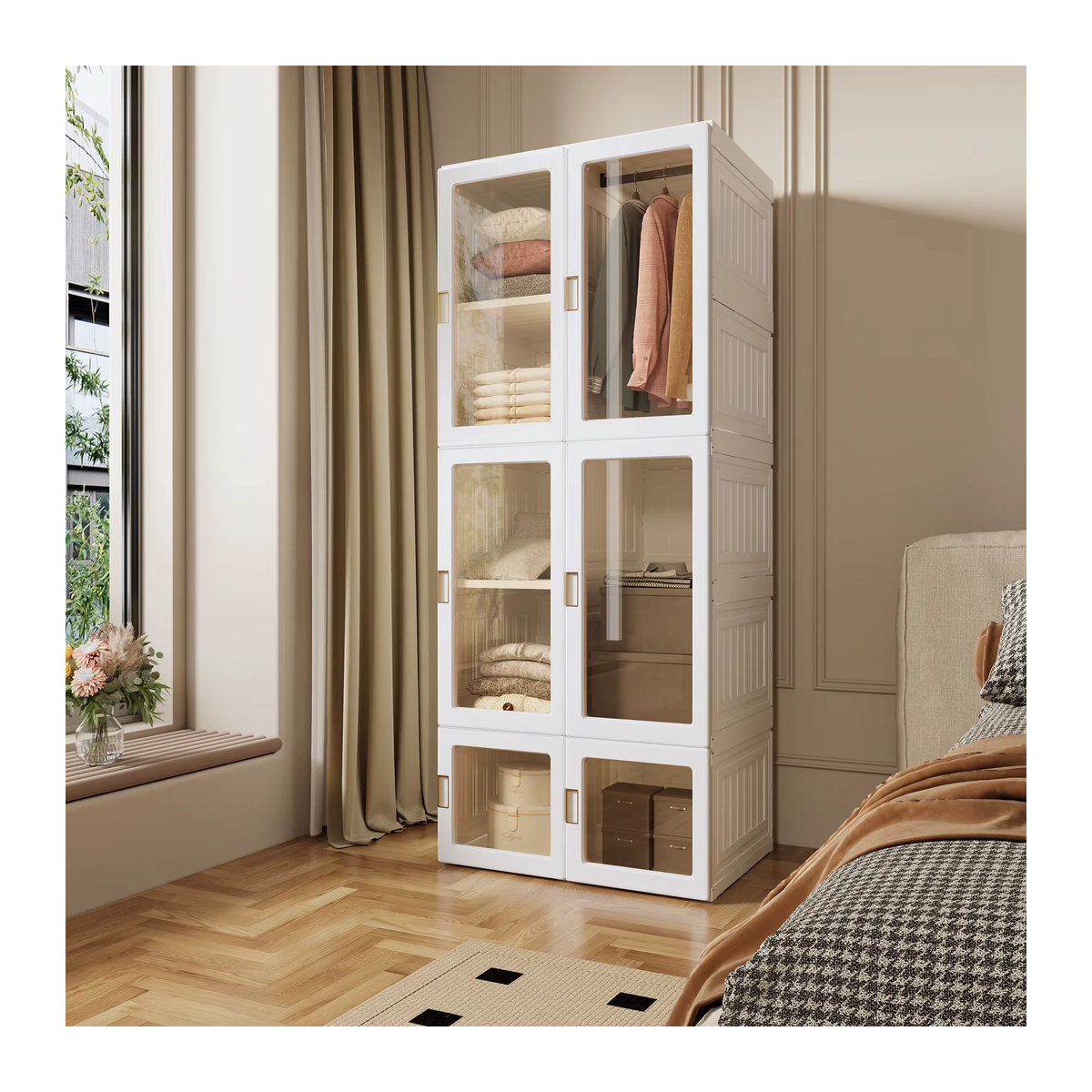 Anajqaqia Tragbarer Kleiderschrank und Aufbewahrungsorganizer in Weiß, minimalistisches Design - Bild 3