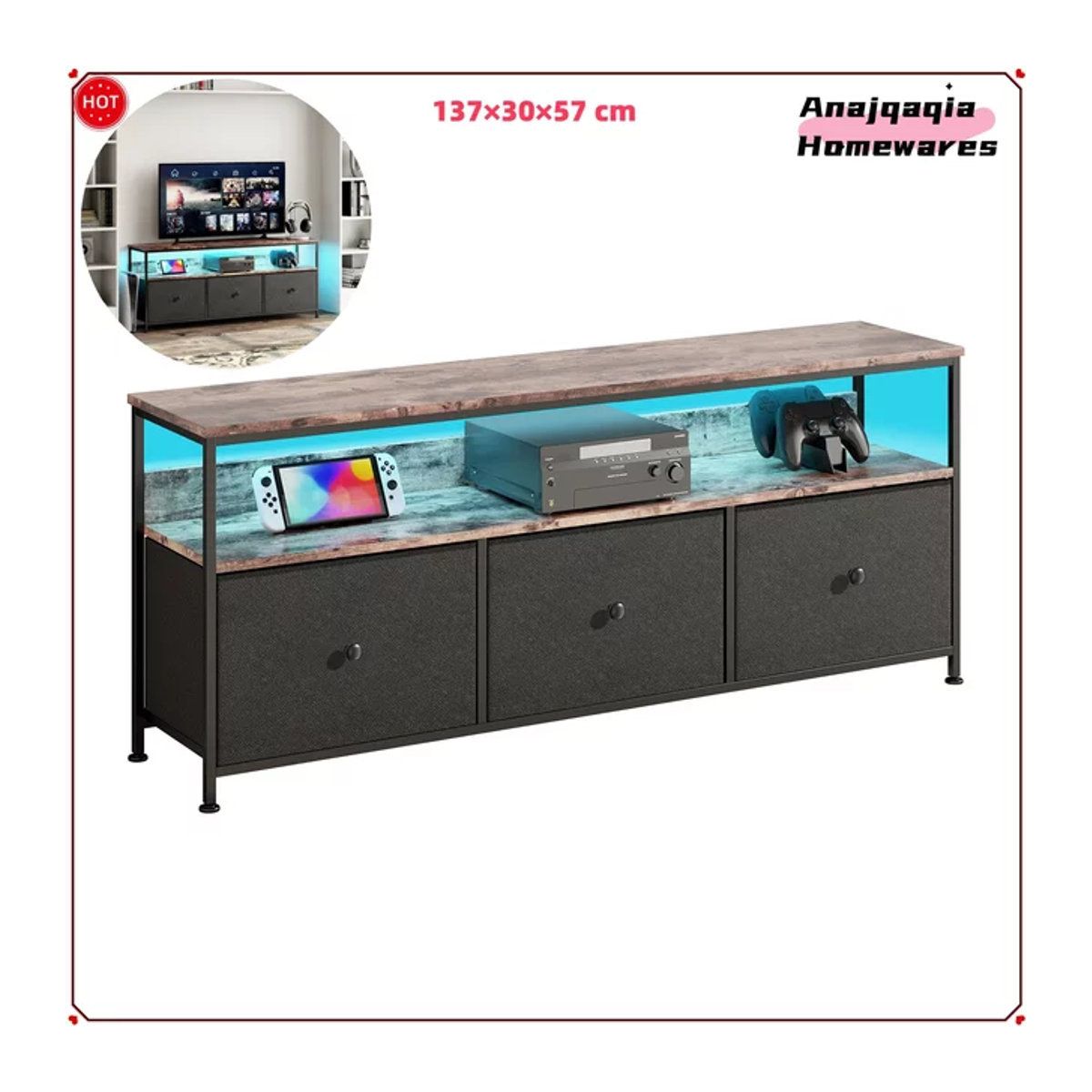 Anajqaqia TV-Schrank in Braun mit LED-Farbwechsel, 3 Schubladen und offenem Stauraum im Industrial-Design - Bild 1