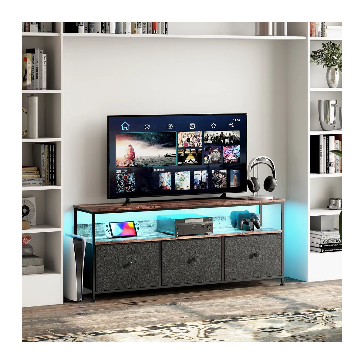 Anajqaqia TV-Schrank in Braun mit LED-Farbwechsel, 3 Schubladen und offenem Stauraum im Industrial-Design - Bild 2