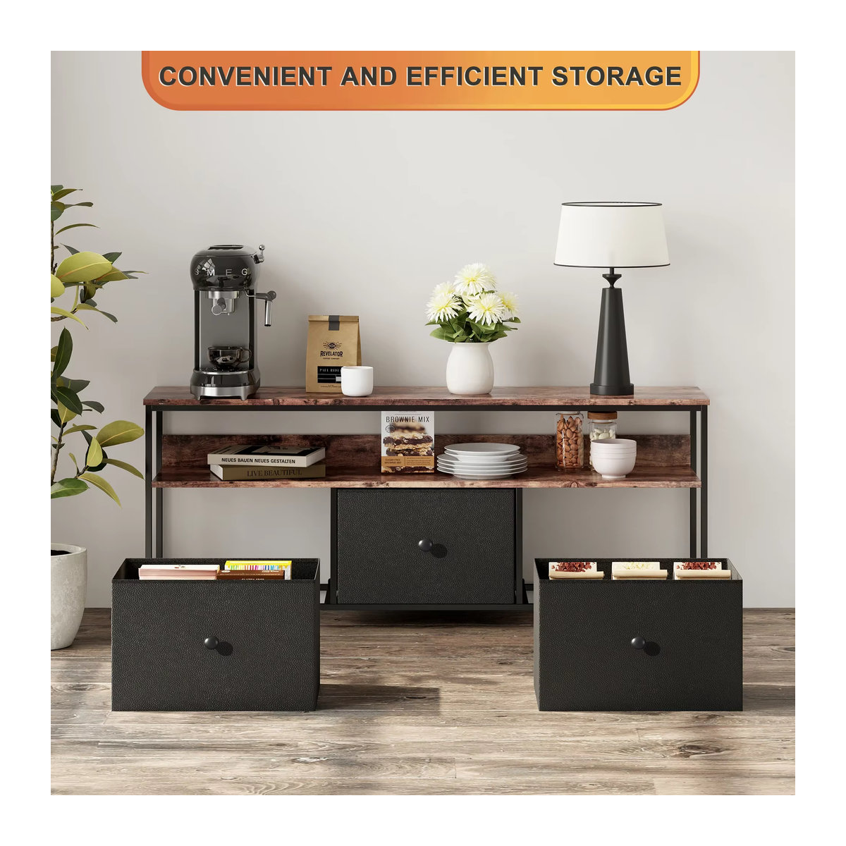 Anajqaqia TV-Schrank in Braun mit LED-Farbwechsel, 3 Schubladen und offenem Stauraum im Industrial-Design - Bild 4