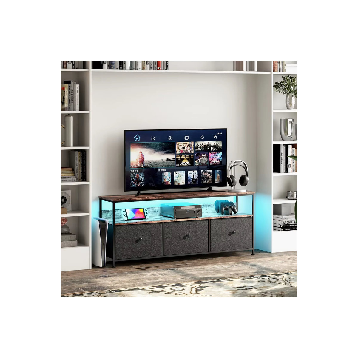 Anajqaqia TV-Schrank in Braun mit LED-Farbwechsel, 3 Schubladen und offenem Stauraum im Industrial-Design - Bild 5