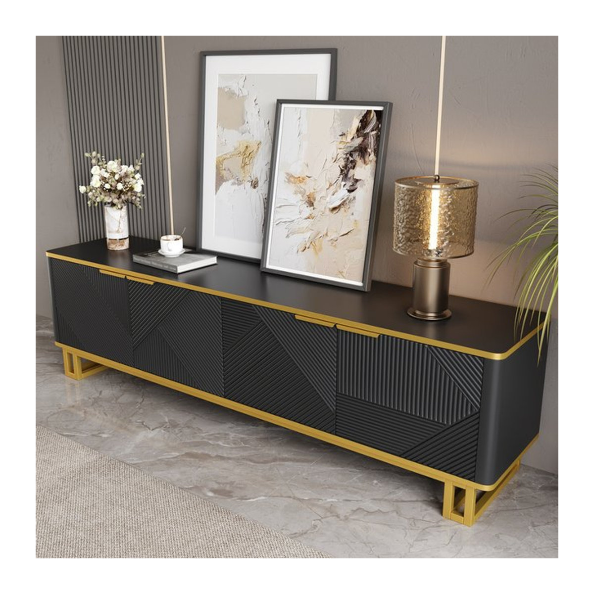Anajqaqia TV-Schrank mit 4 Türen und geometrischer Textur, modernes TV-Lowboard für dein Wohnzimmer, Weiß oder Schwarz, B/T/H: 160 x 37,5 x 48 cm - Bild 1