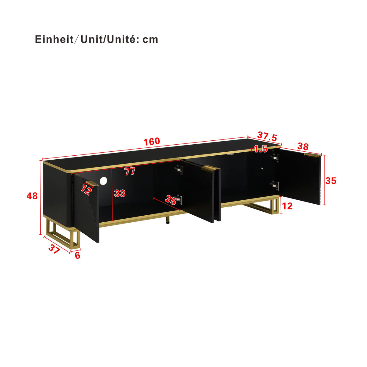 Anajqaqia TV-Schrank mit 4 Türen und geometrischer Textur, modernes TV-Lowboard für dein Wohnzimmer, Weiß oder Schwarz, B/T/H: 160 x 37,5 x 48 cm - Bild 2