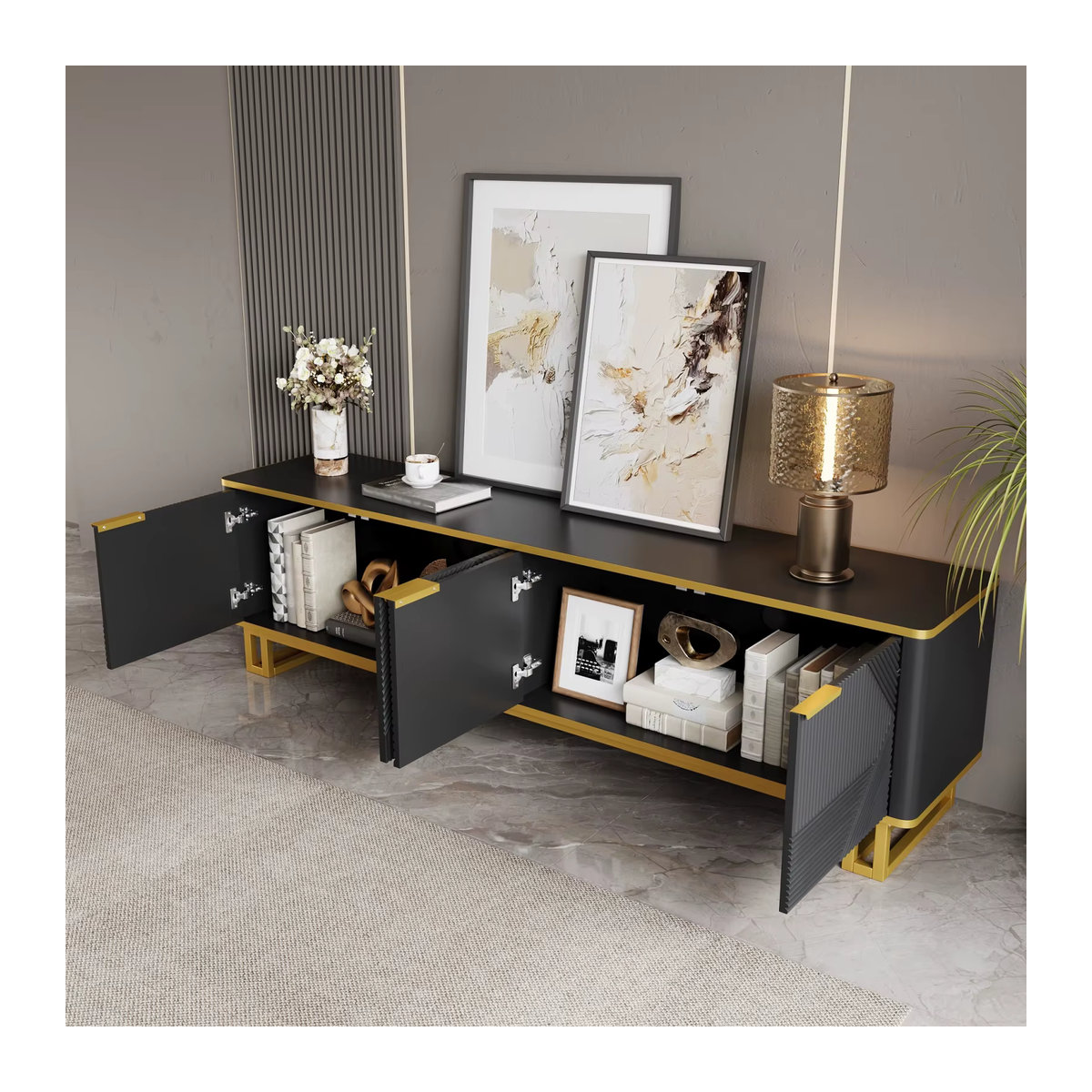 Anajqaqia TV-Schrank mit 4 Türen und geometrischer Textur, modernes TV-Lowboard für dein Wohnzimmer, Weiß oder Schwarz, B/T/H: 160 x 37,5 x 48 cm - Bild 3