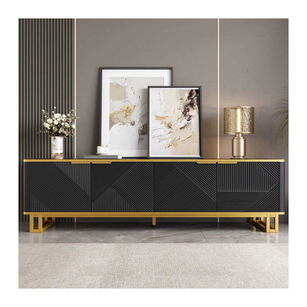 Anajqaqia TV-Schrank mit 4 Türen und geometrischer Textur, modernes TV-Lowboard für dein Wohnzimmer, Weiß oder Schwarz, B/T/H: 160 x 37,5 x 48 cm - Bild 4