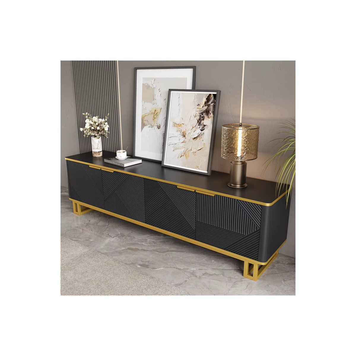 Anajqaqia TV-Schrank mit 4 Türen und geometrischer Textur, modernes TV-Lowboard für dein Wohnzimmer, Weiß oder Schwarz, B/T/H: 160 x 37,5 x 48 cm - Bild 6