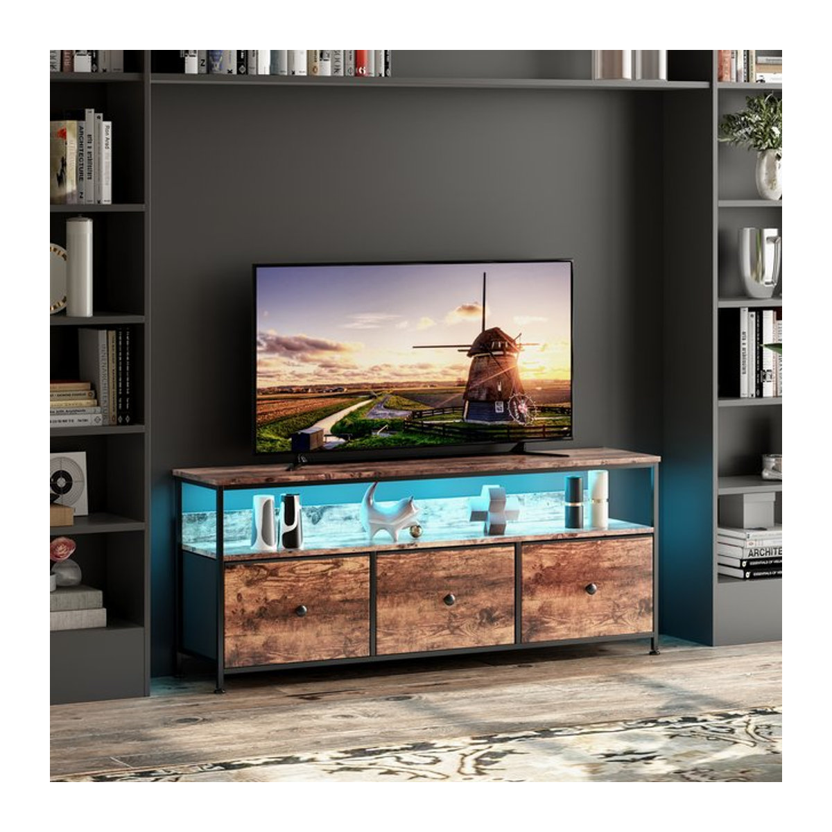 Anajqaqia TV-Schrank mit LED-Beleuchtung in Braun im Industrial-Design mit 3 Schubladen und einem offenen Fach - Bild 1