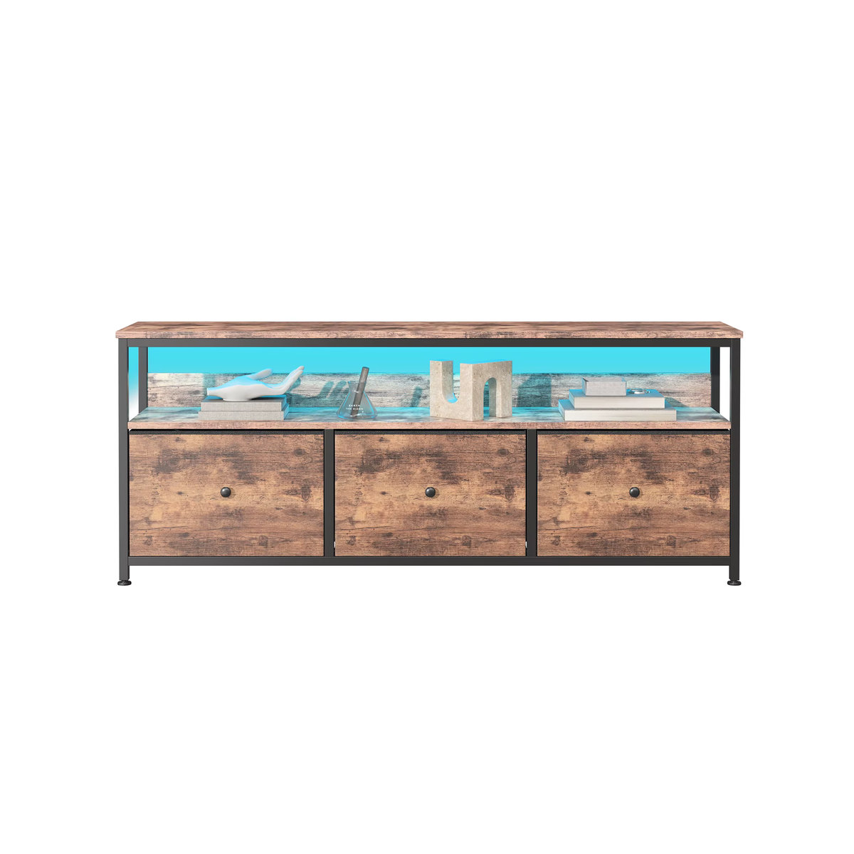 Anajqaqia TV-Schrank mit LED-Beleuchtung in Braun im Industrial-Design mit 3 Schubladen und einem offenen Fach - Bild 4